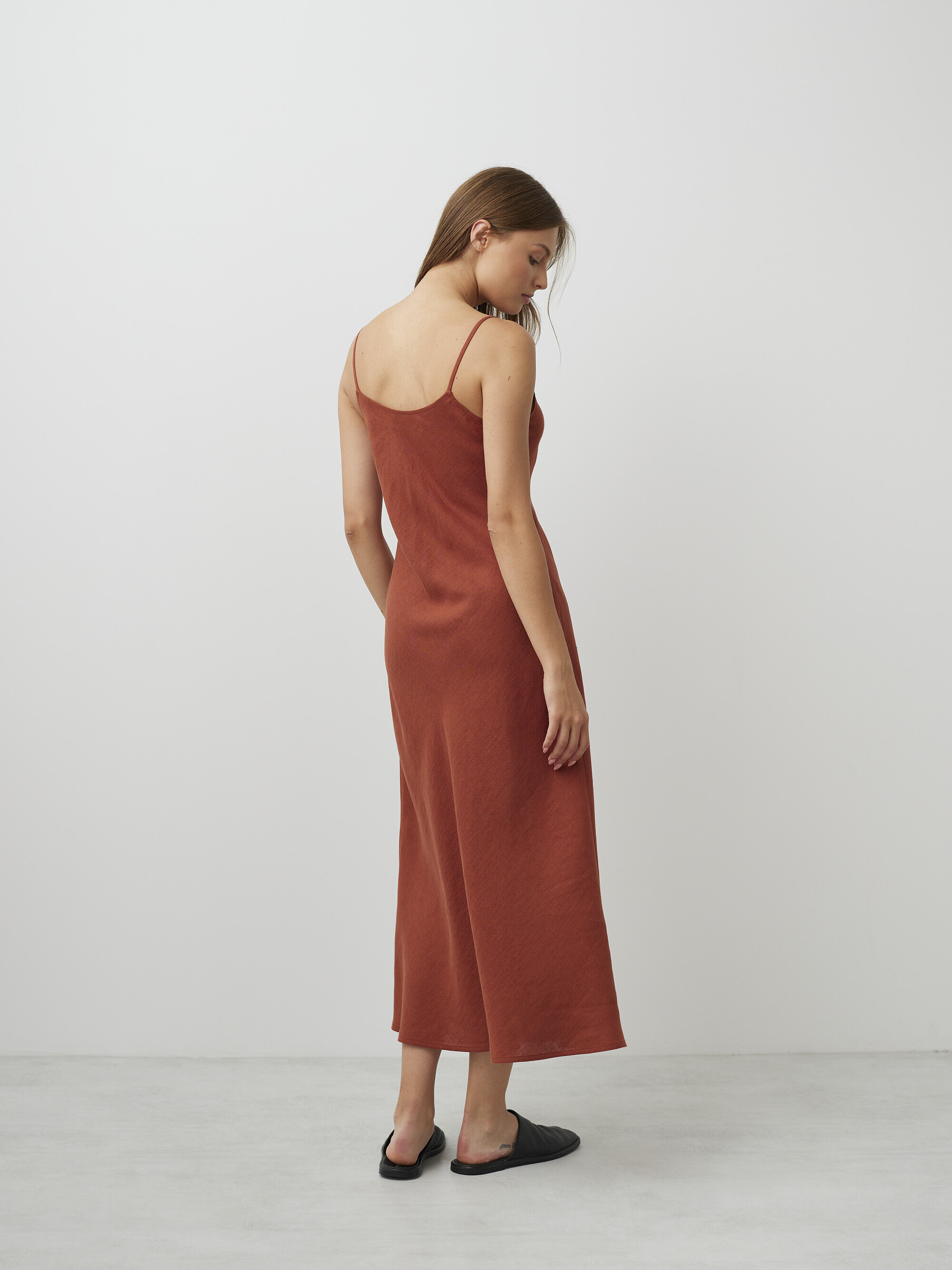 Image 6 of DIORA Midi Length Linen Slip Dress in Rust Green from Love and Confuse