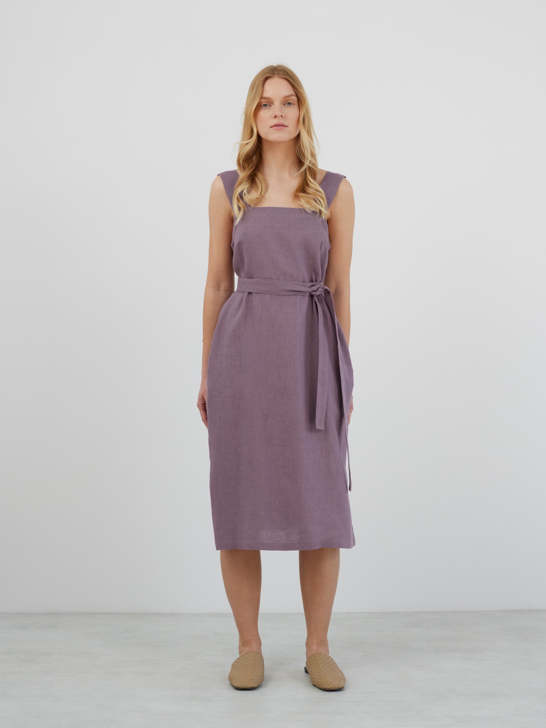 Image 2 of ELLIDY Wide Strap Linen Dress in Lavender Violet from Love and Confuse