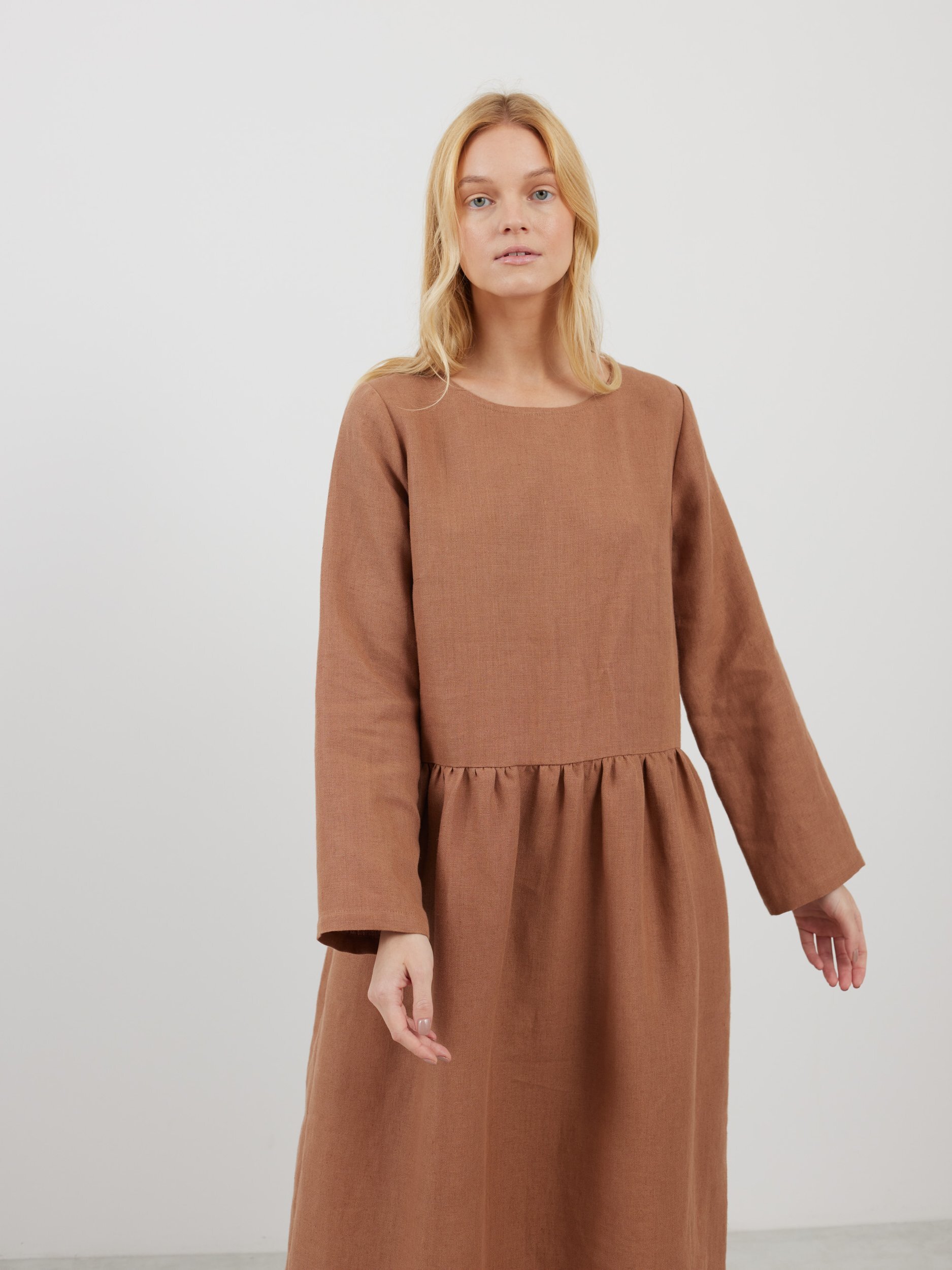 Image 1 of GEMMA Long Sleeve Linen Dress in Heavy Brown from Love and Confuse