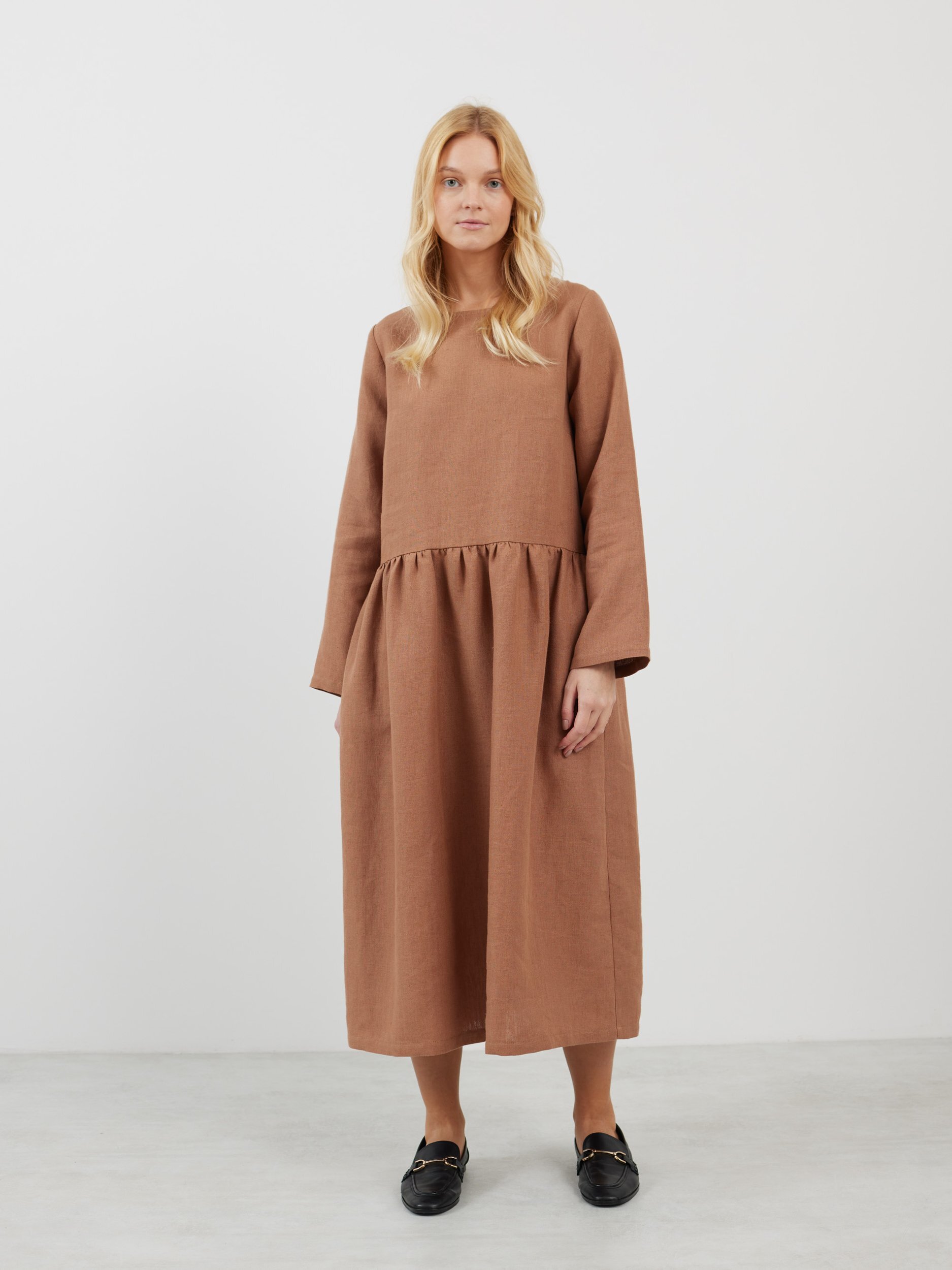 Image 2 of GEMMA Long Sleeve Linen Dress in Heavy Brown from Love and Confuse