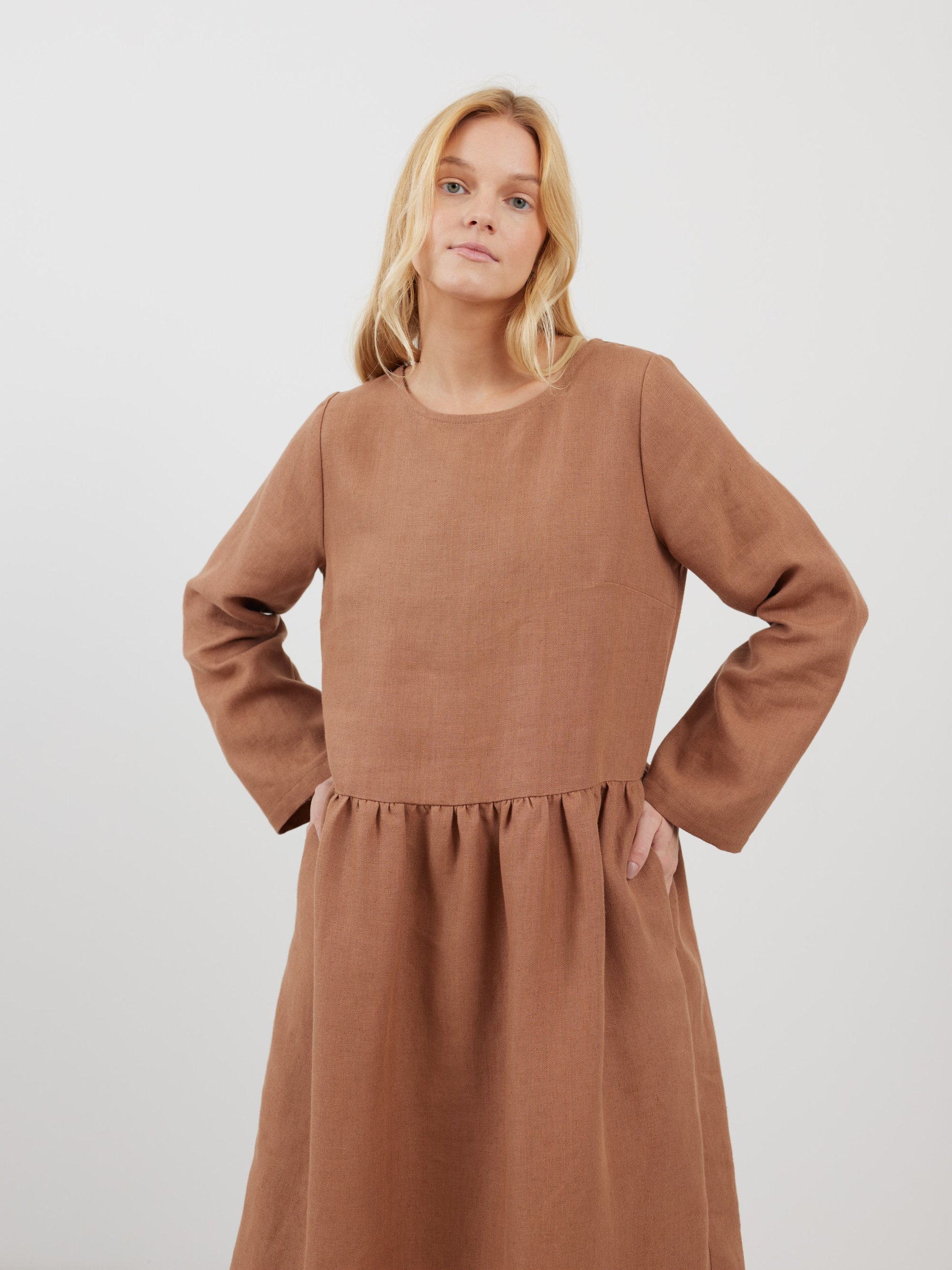 Image 3 of GEMMA Long Sleeve Linen Dress in Heavy Brown from Love and Confuse