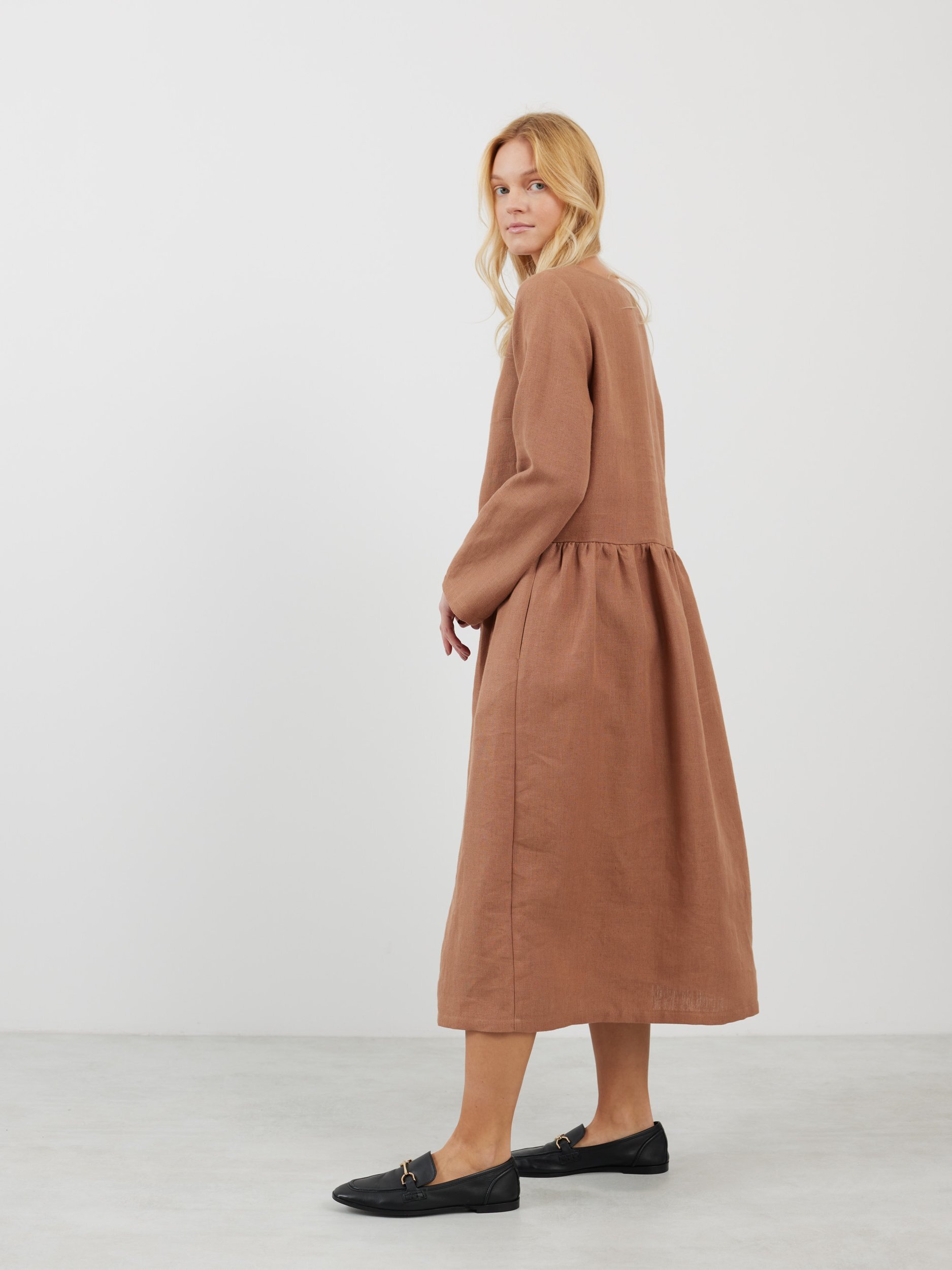 Image 6 of GEMMA Long Sleeve Linen Dress in Heavy Brown from Love and Confuse