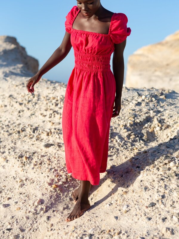 HOLIDAY Linen Midi Dress with Puff Sleeves