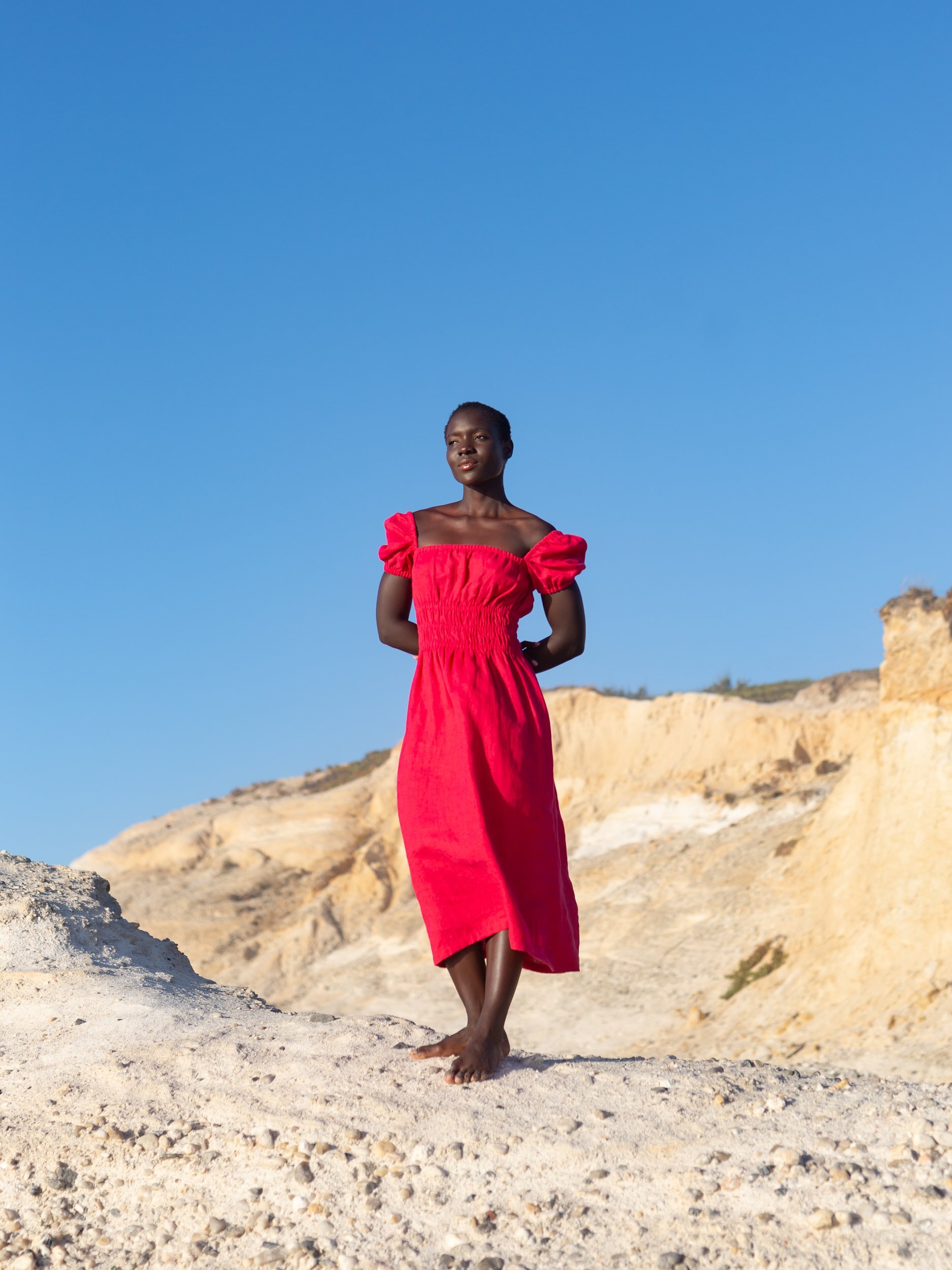 Image 2 of HOLIDAY Linen Midi Dress with Puff Sleeves in Vivid Raspberry from Love and Confuse