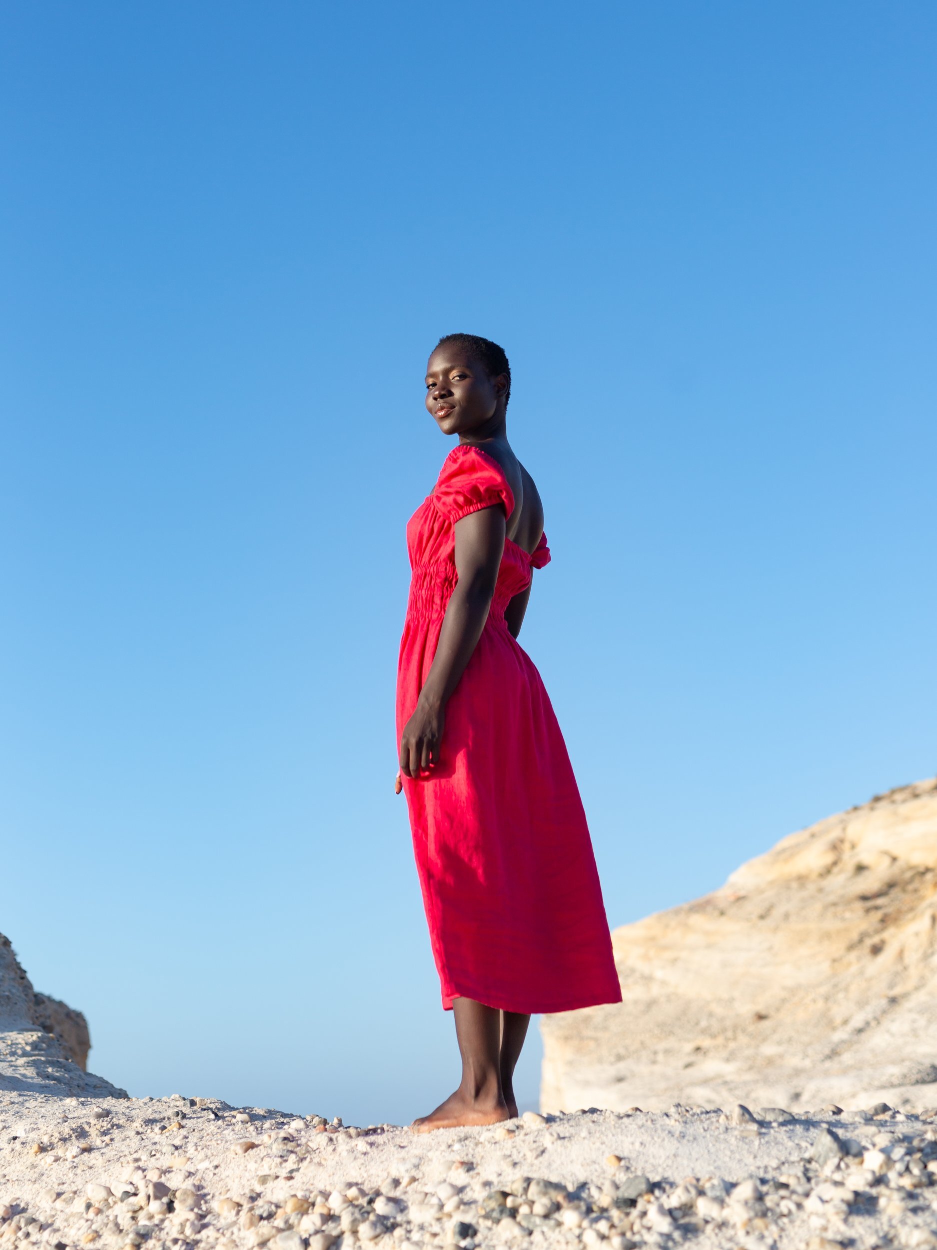 Image 3 of HOLIDAY Linen Midi Dress with Puff Sleeves in Vivid Raspberry from Love and Confuse