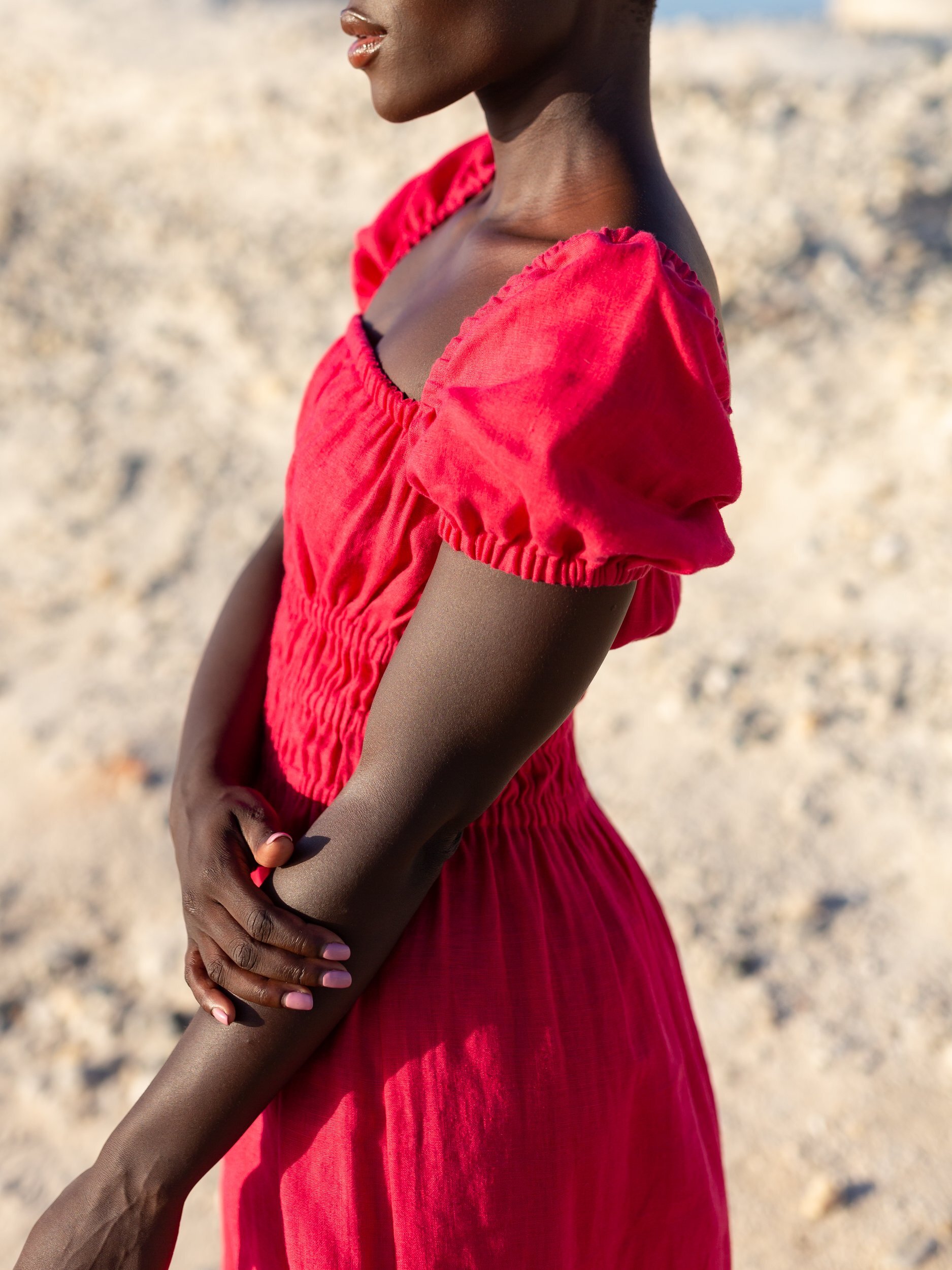 Image 4 of HOLIDAY Linen Midi Dress with Puff Sleeves in Vivid Raspberry from Love and Confuse