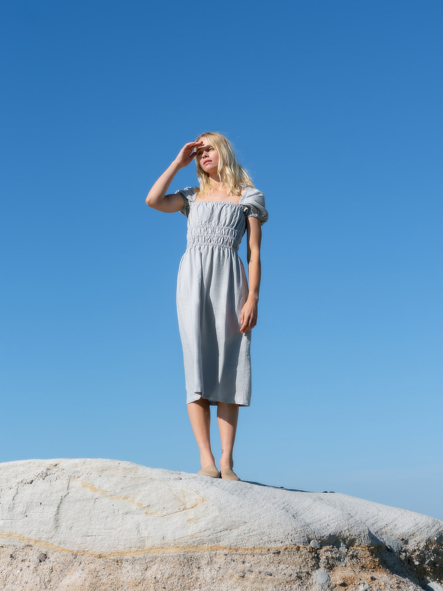 Image 2 of HOLIDAY Puff Sleeve Linen Dress in Cloudy Grey from Love and Confuse