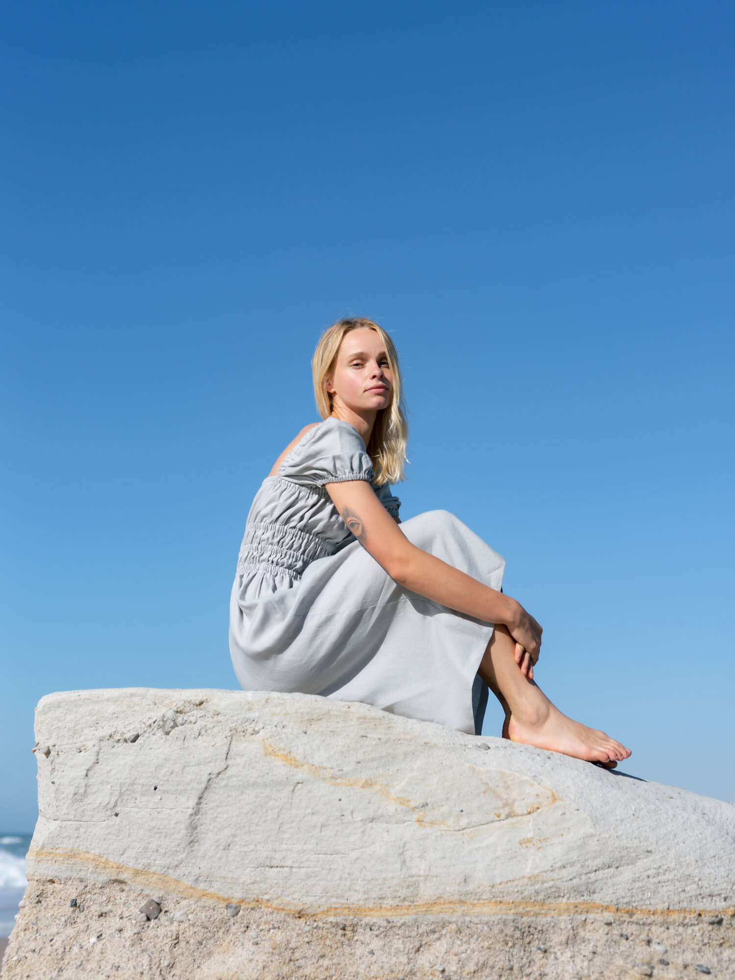 Image 4 of HOLIDAY Puff Sleeve Linen Dress in Cloudy Grey from Love and Confuse
