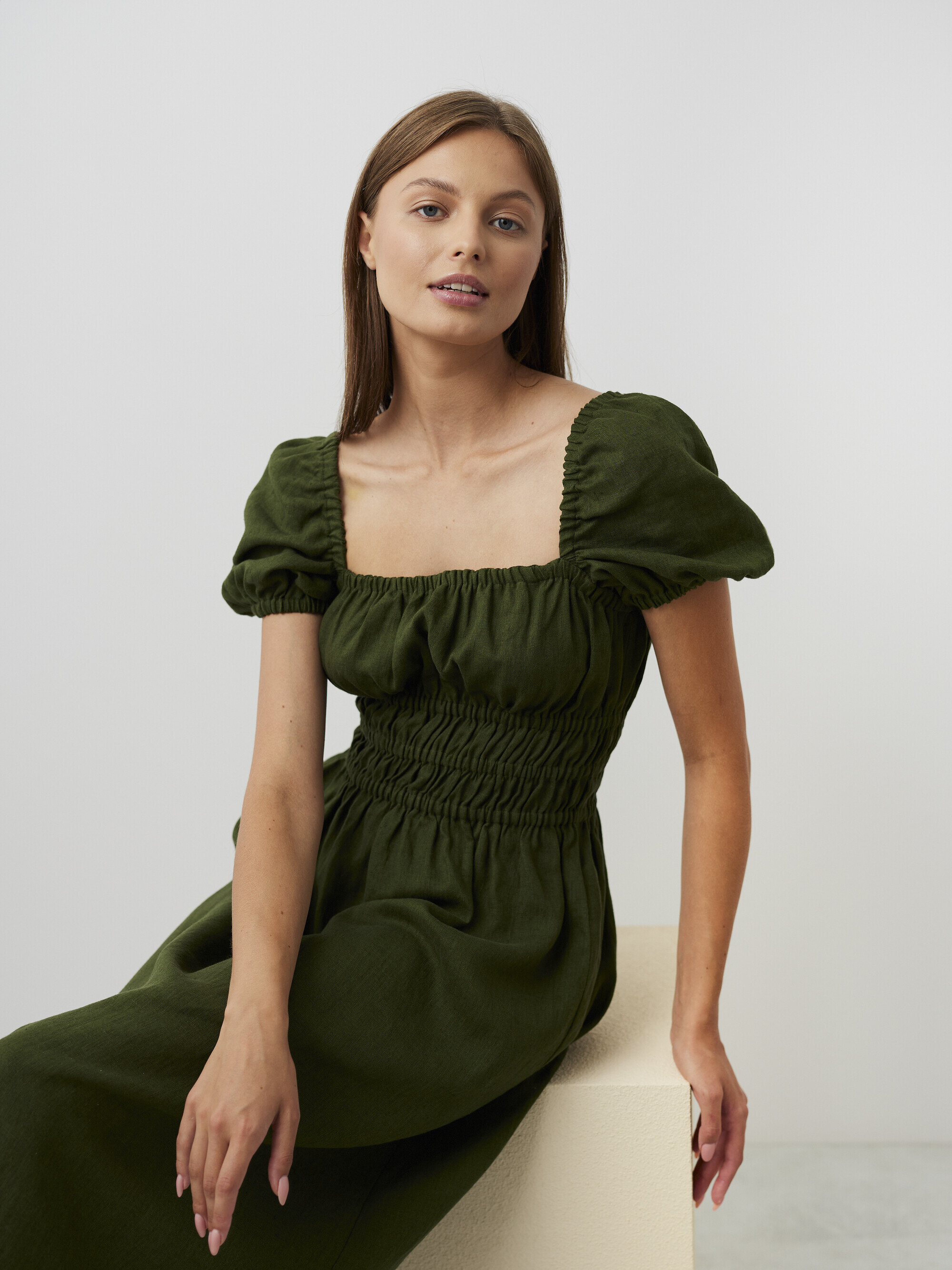 Image 1 of HOLIDAY Puff Sleeve Linen Midi Dress in Forest Green from Love and Confuse