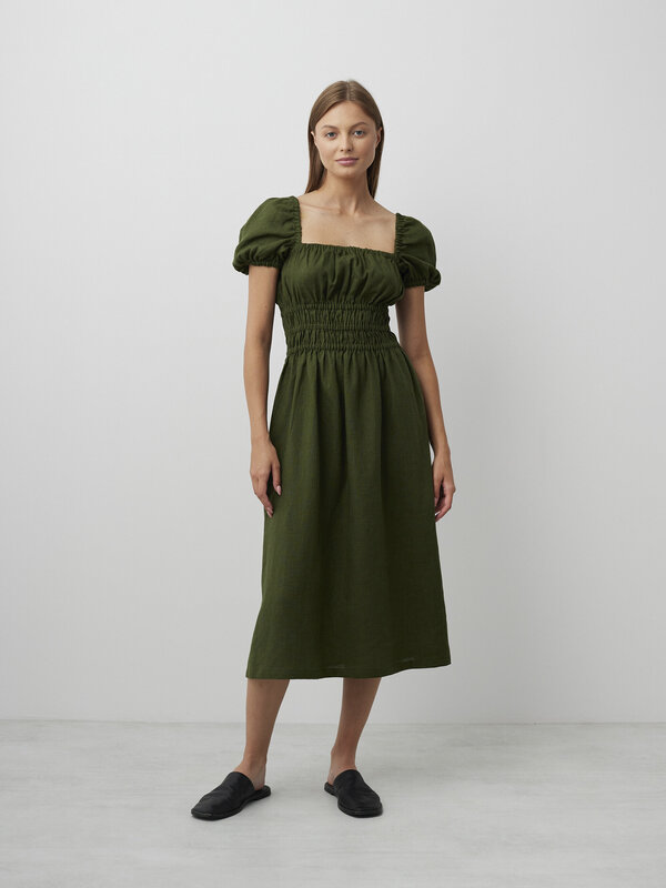 HOLIDAY Smocked Puff Sleeve Linen Midi Dress