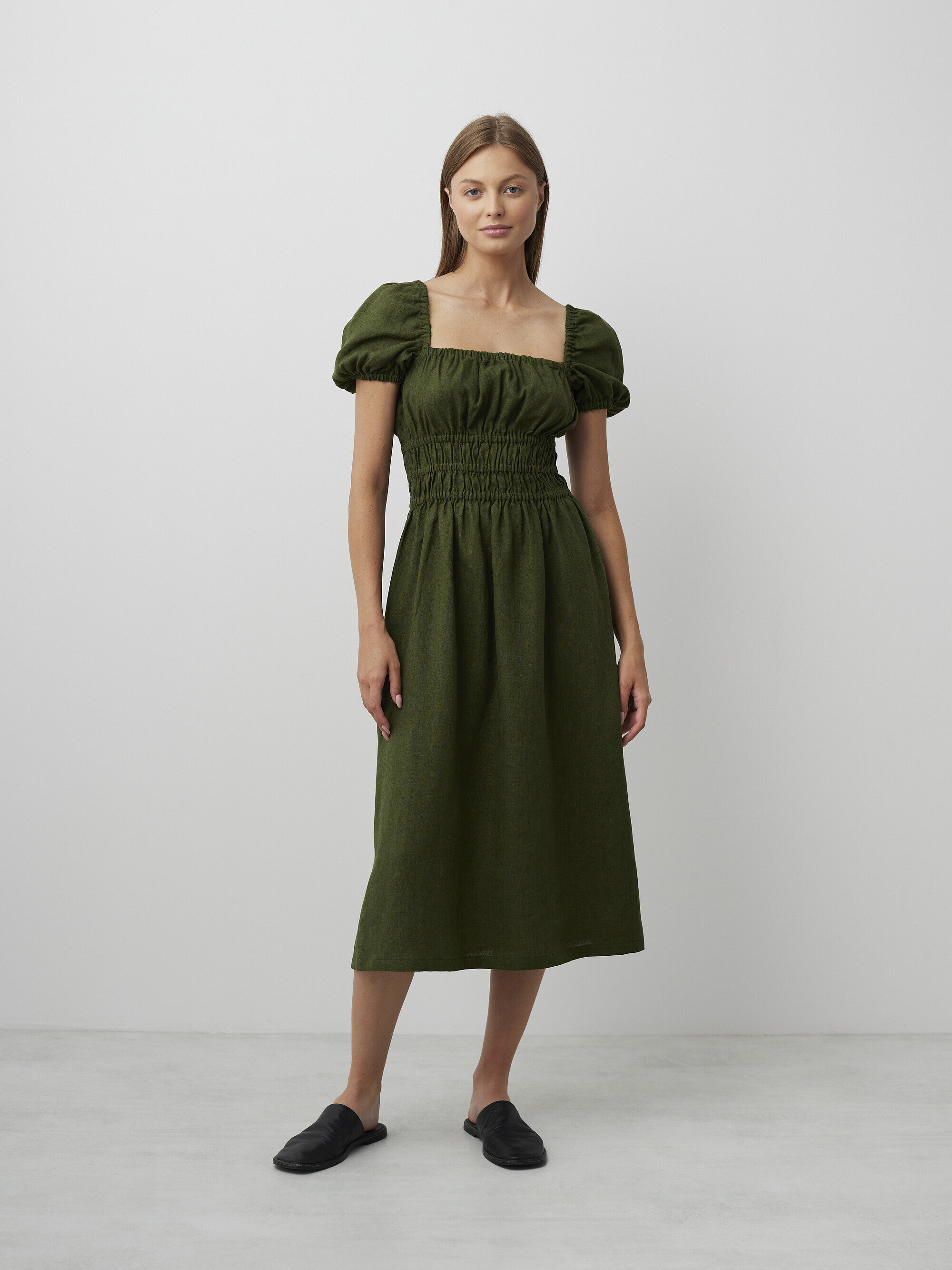 Image 2 of HOLIDAY Puff Sleeve Linen Midi Dress in Forest Green from Love and Confuse