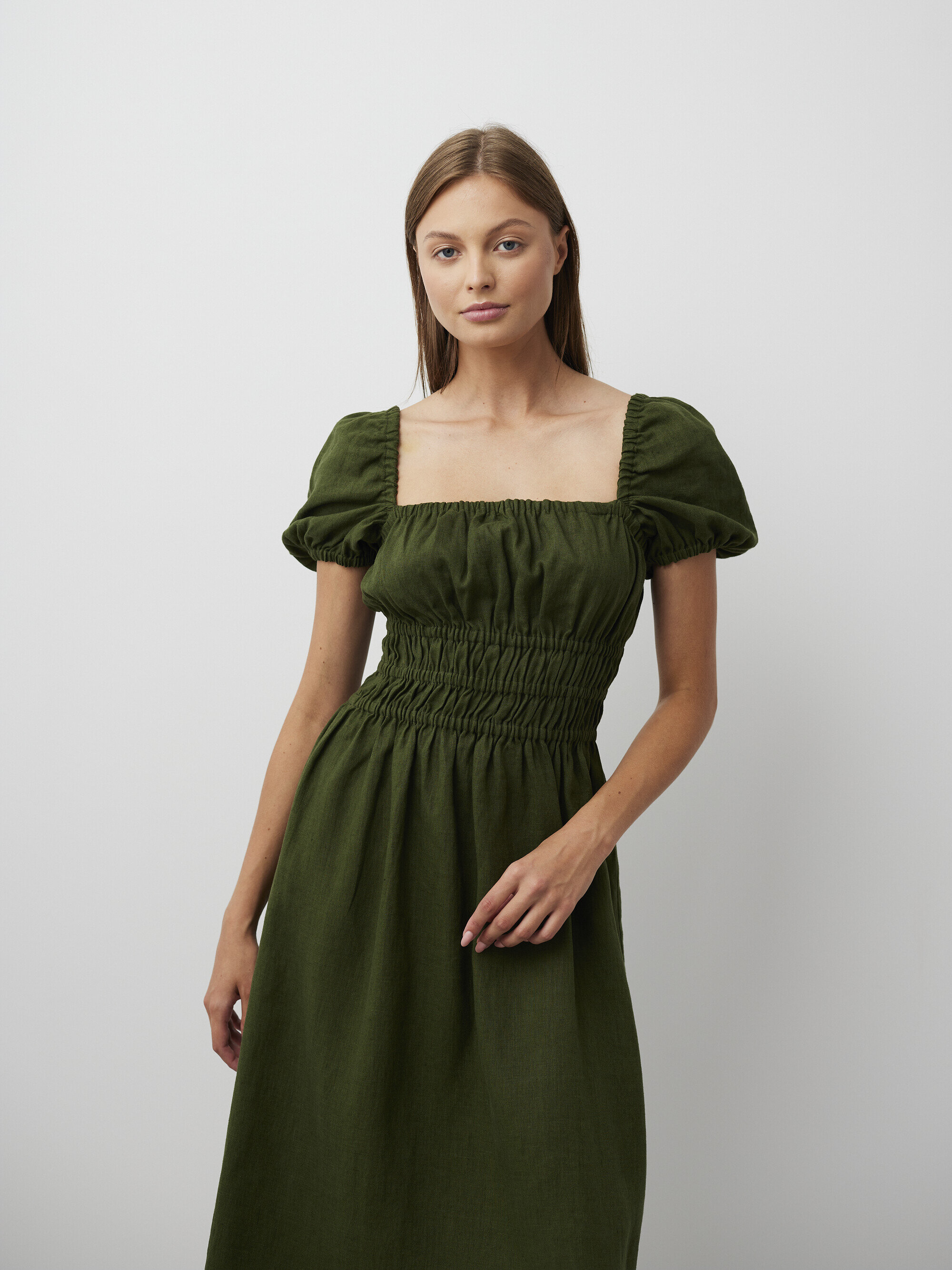 Image 3 of HOLIDAY Puff Sleeve Linen Midi Dress in Forest Green from Love and Confuse