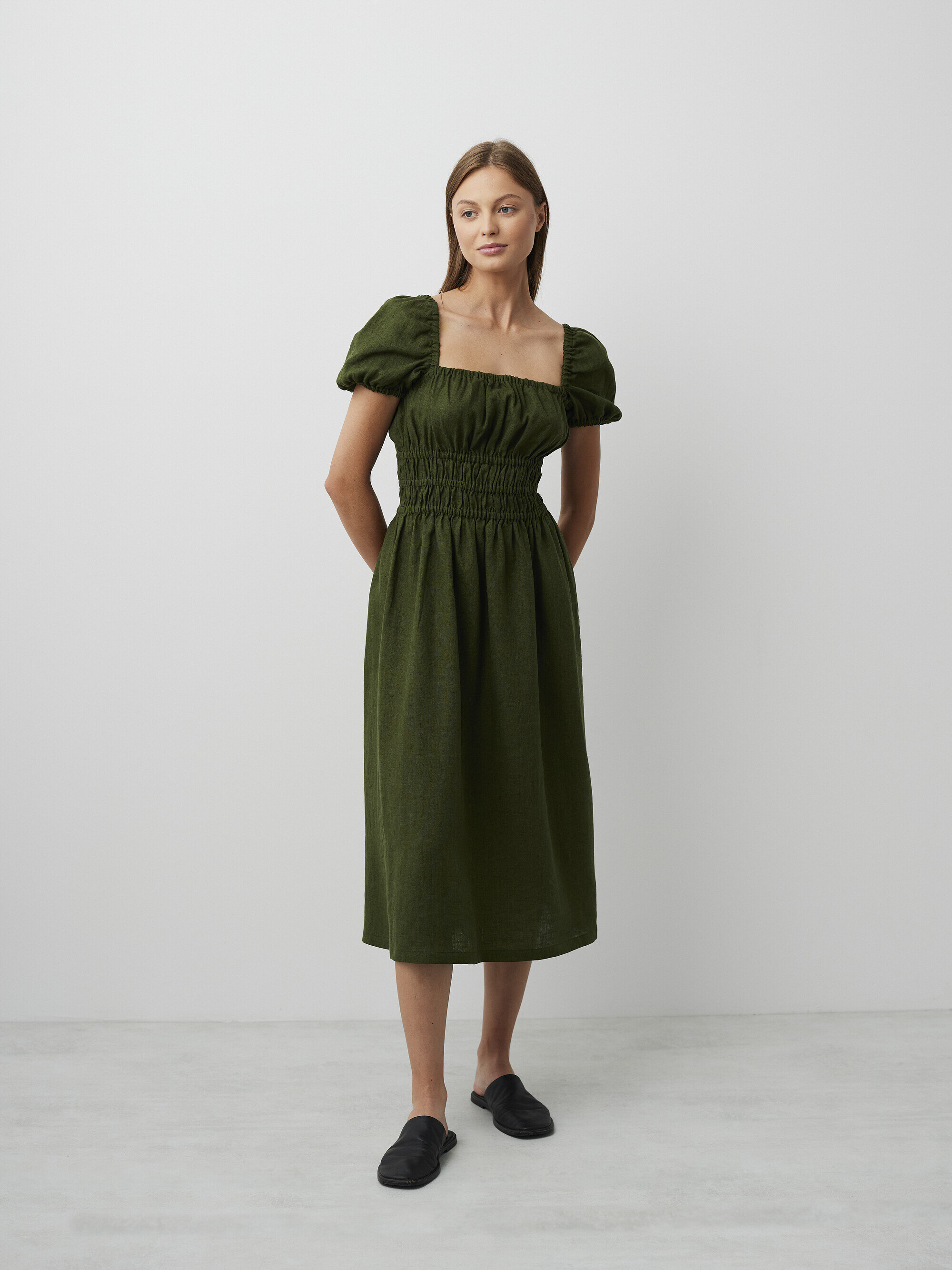 Image 4 of HOLIDAY Puff Sleeve Linen Midi Dress in Forest Green from Love and Confuse