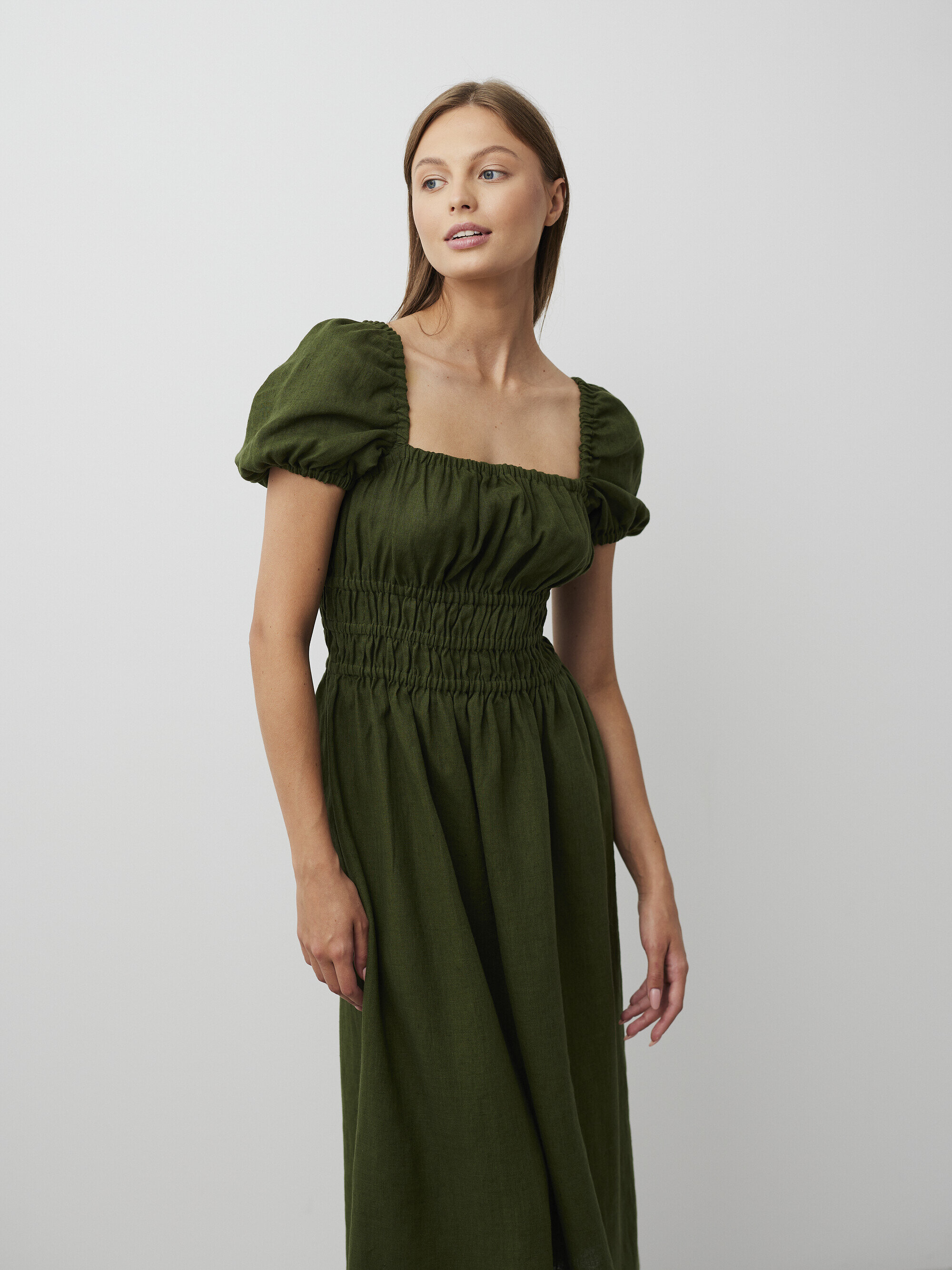 Image 5 of HOLIDAY Puff Sleeve Linen Midi Dress in Forest Green from Love and Confuse