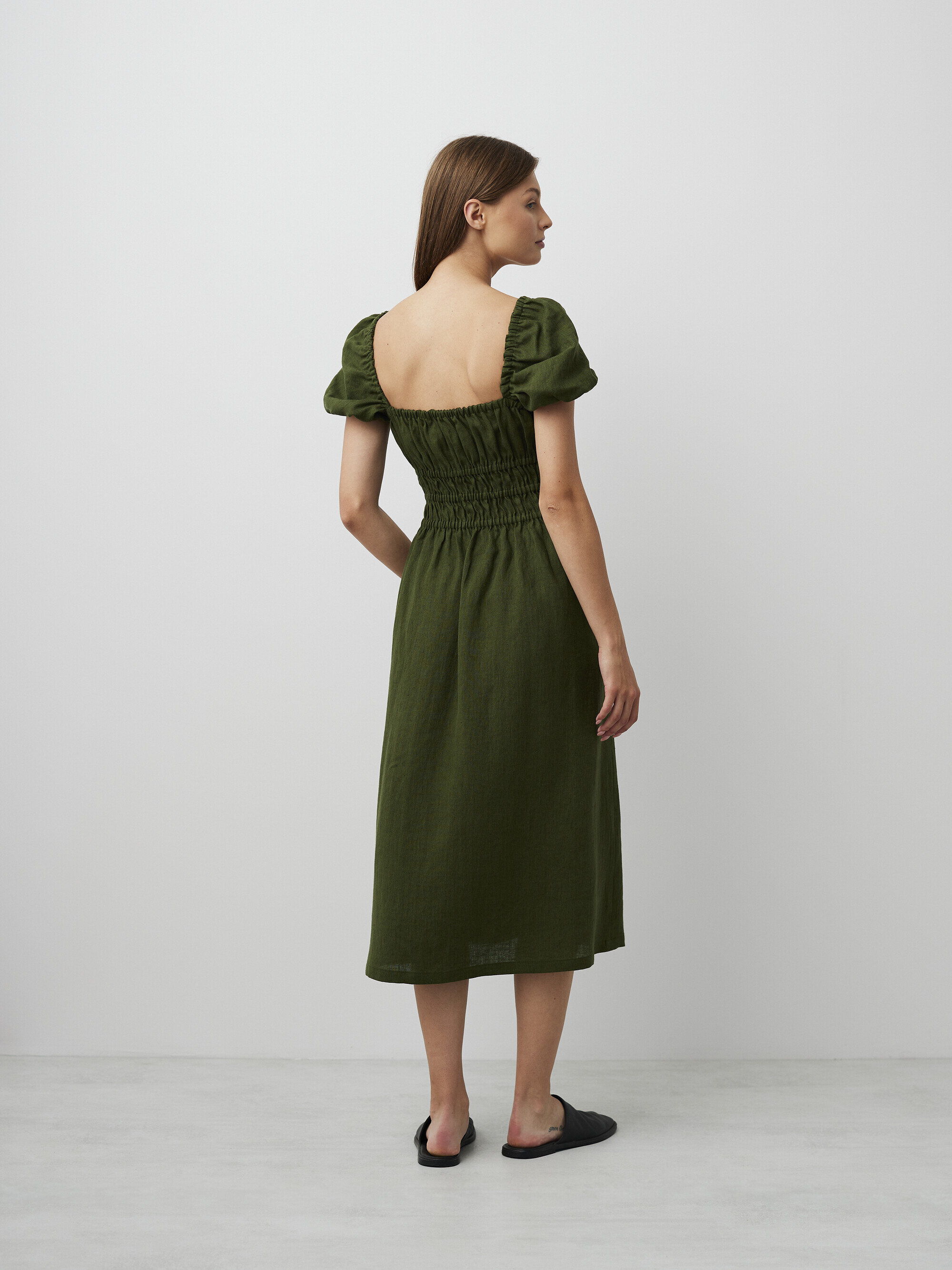 Image 6 of HOLIDAY Puff Sleeve Linen Midi Dress in Forest Green from Love and Confuse