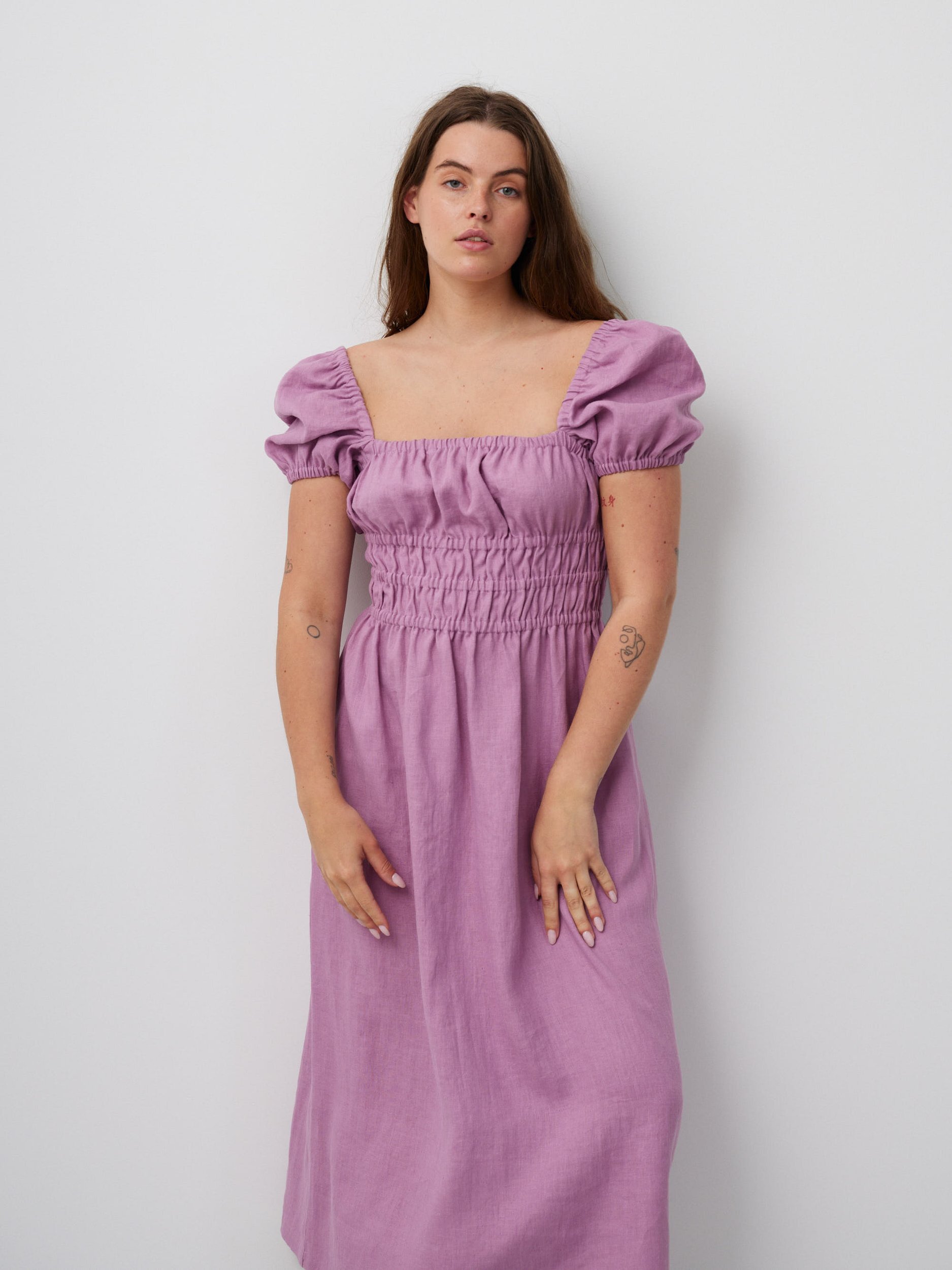 Image 3 of HOLIDAY Puff Sleeve Linen Dress in Radiant Orchid from Love and Confuse
