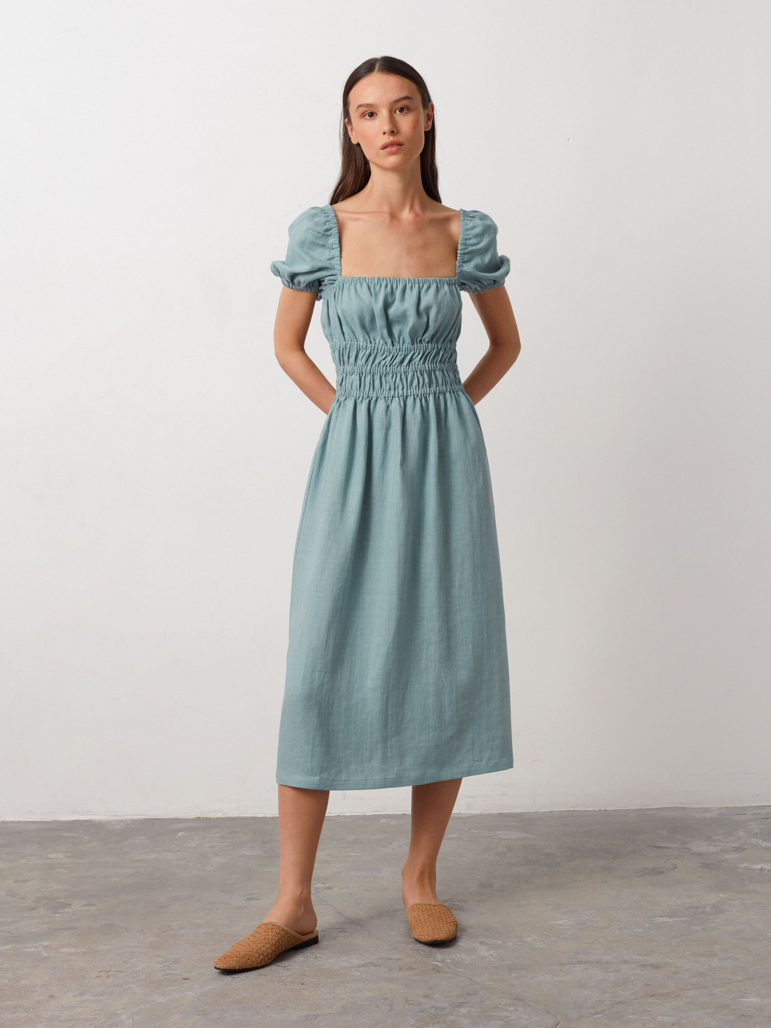 Image 2 of HOLIDAY Puff Sleeve Linen Midi Dress in Dark Turqouise from Love and Confuse