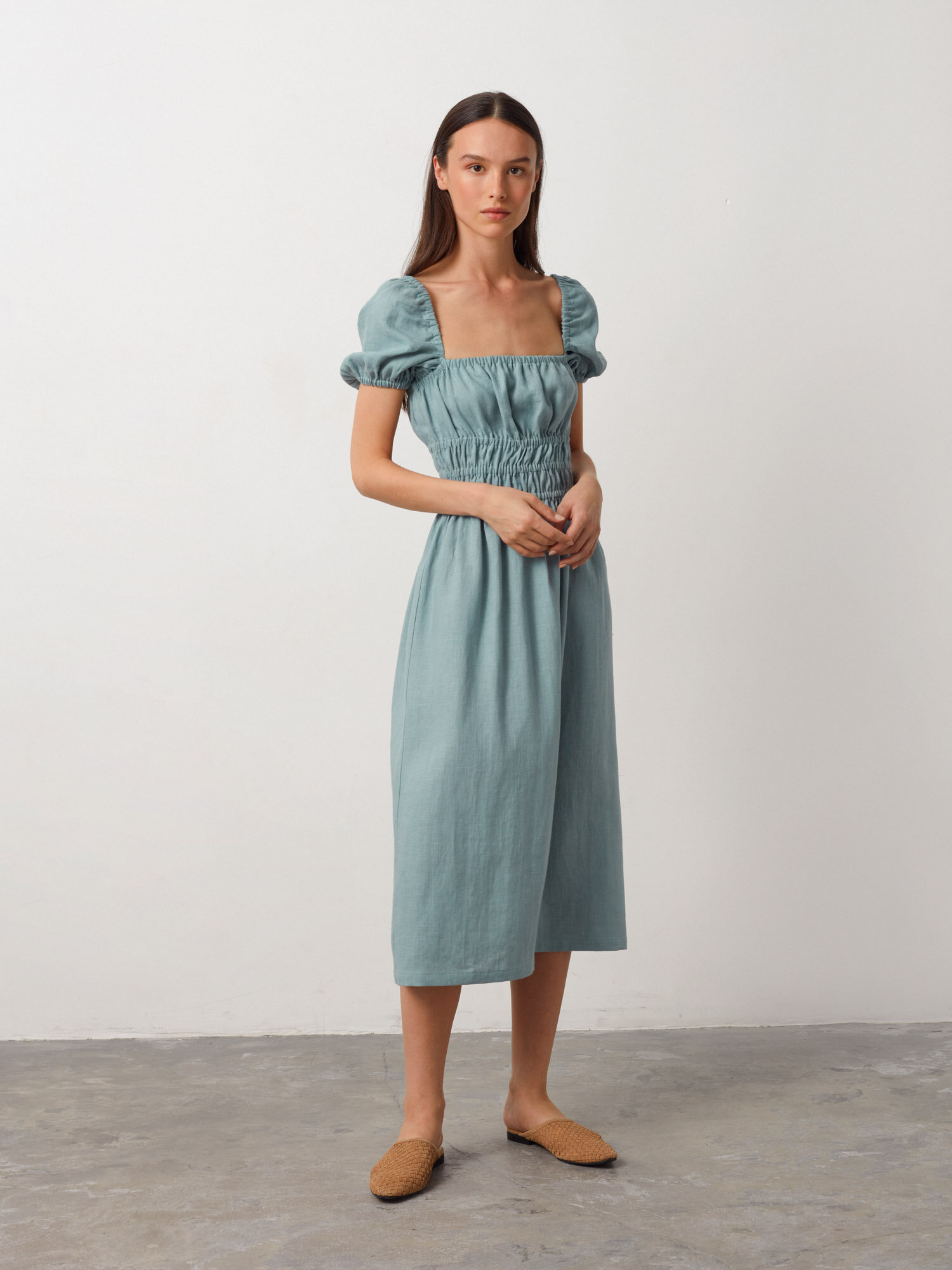 Image 3 of HOLIDAY Puff Sleeve Linen Midi Dress in Dark Turqouise from Love and Confuse