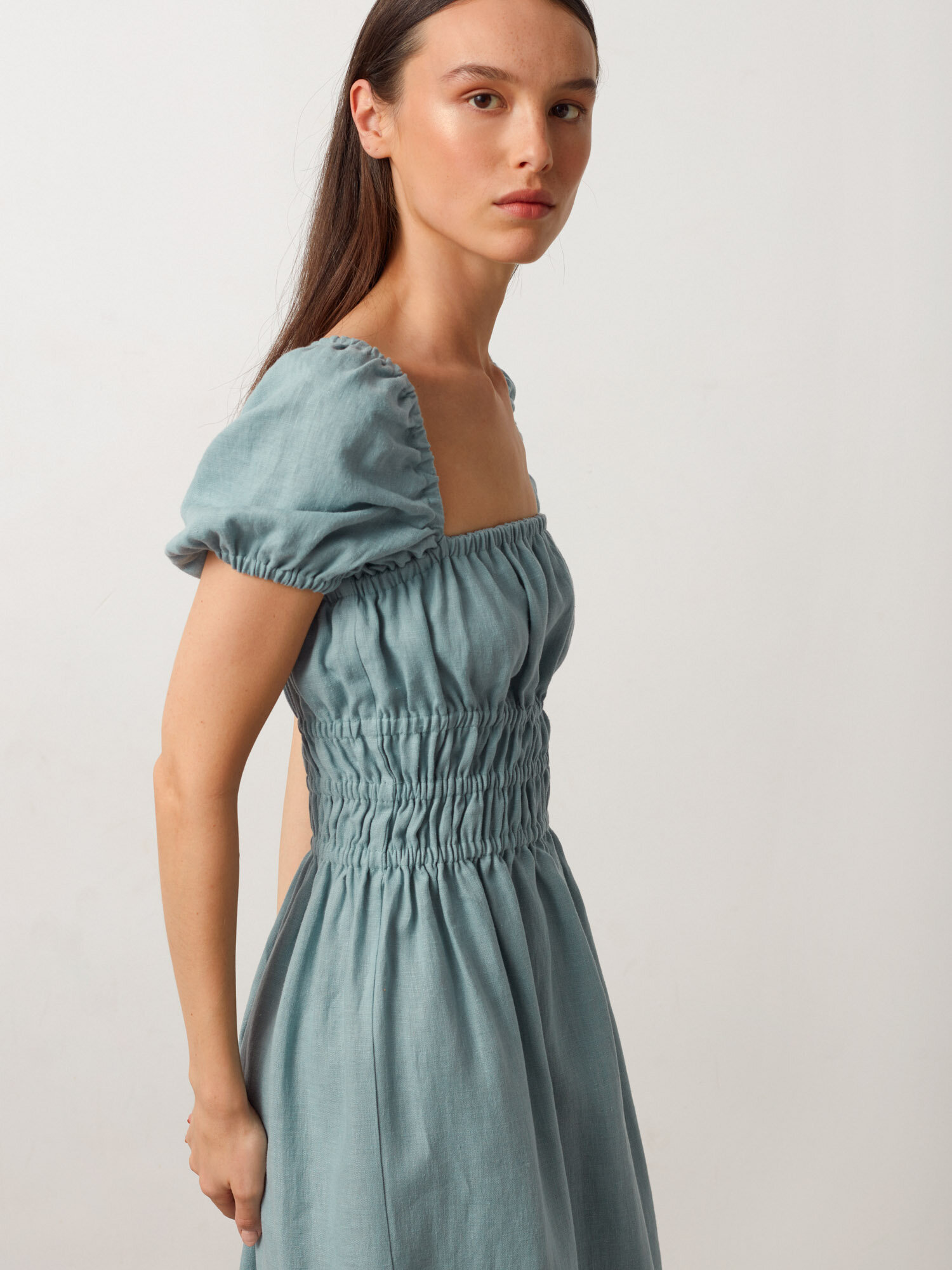Image 4 of HOLIDAY Puff Sleeve Linen Midi Dress in Dark Turqouise from Love and Confuse