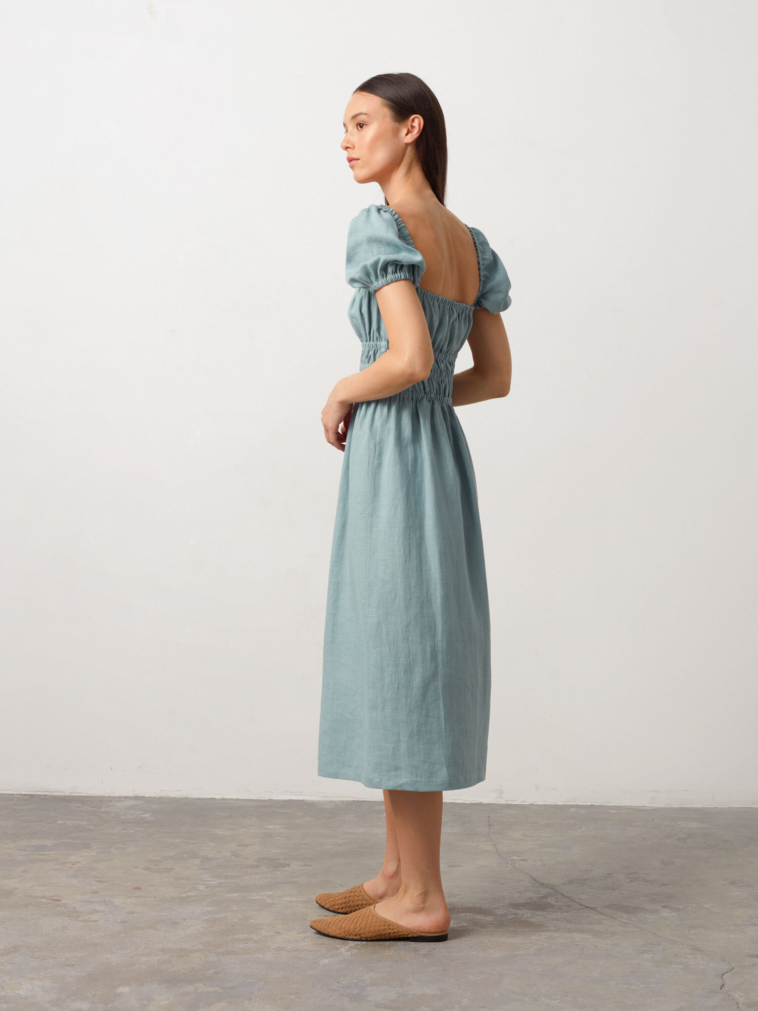 Image 5 of HOLIDAY Puff Sleeve Linen Midi Dress in Dark Turqouise from Love and Confuse