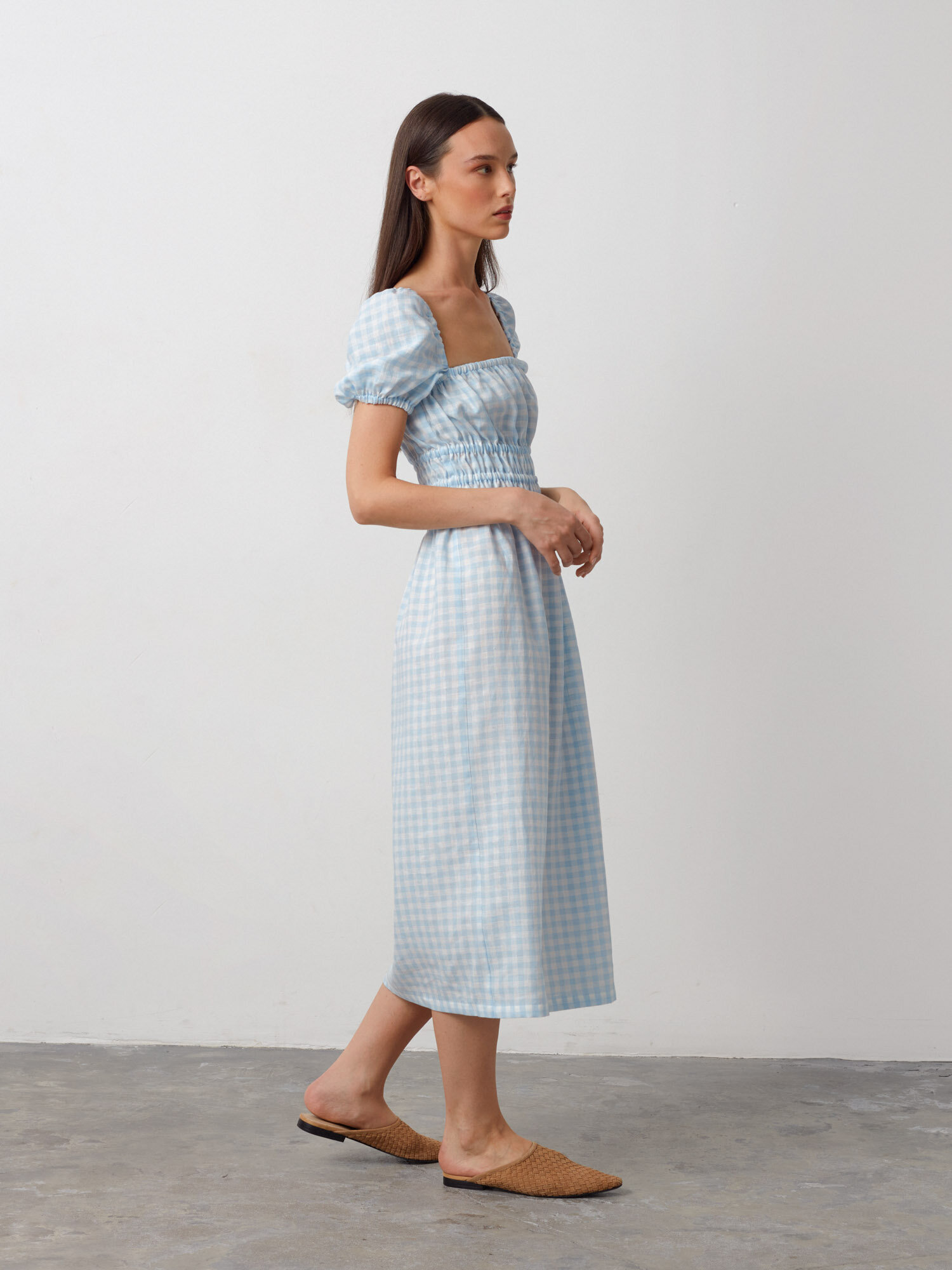 Image 2 of HOLIDAY Puff Sleeve Linen Midi Dress in Light Blue Gingham from Love and Confuse