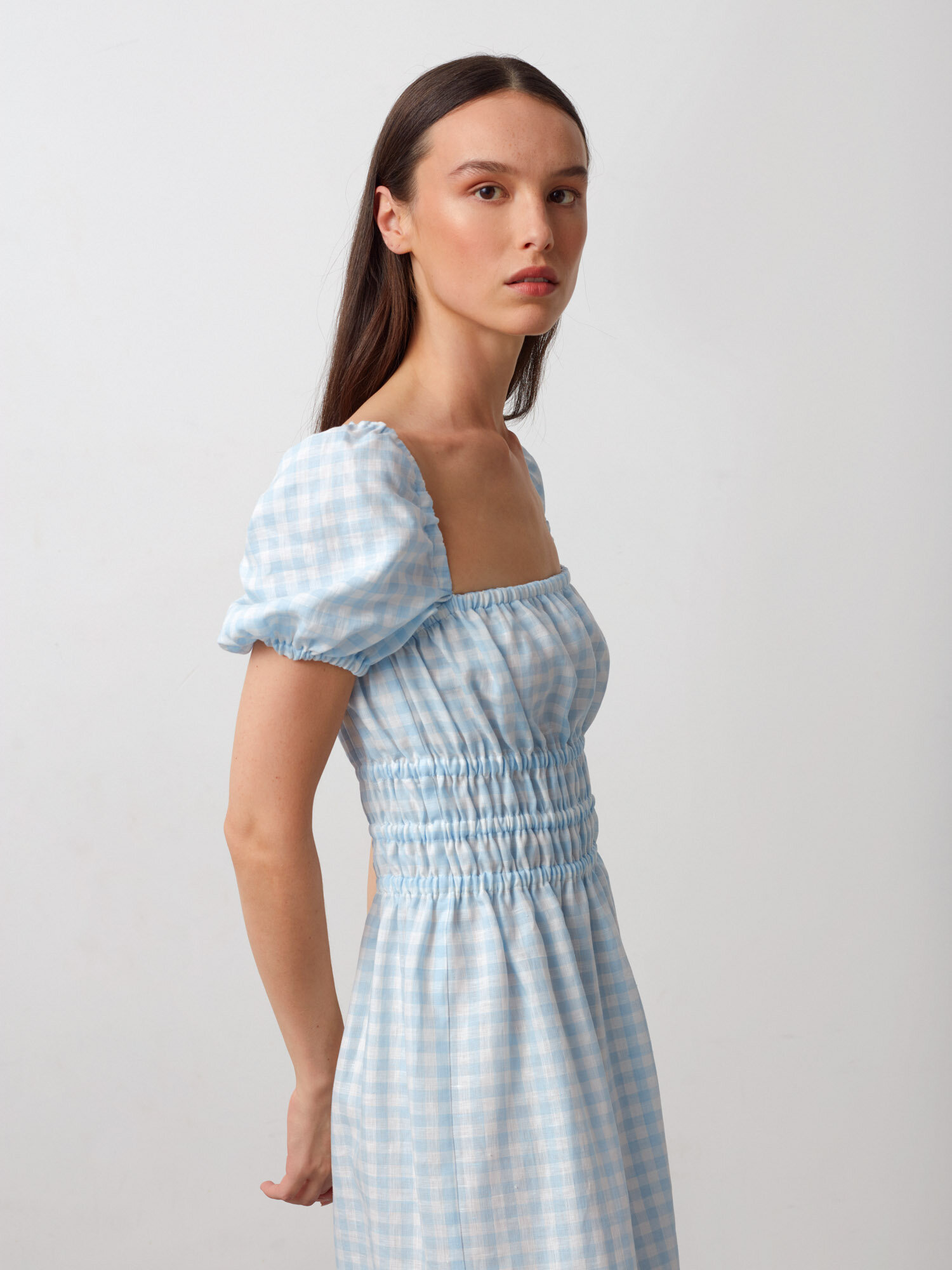 Image 3 of HOLIDAY Puff Sleeve Linen Midi Dress in Light Blue Gingham from Love and Confuse