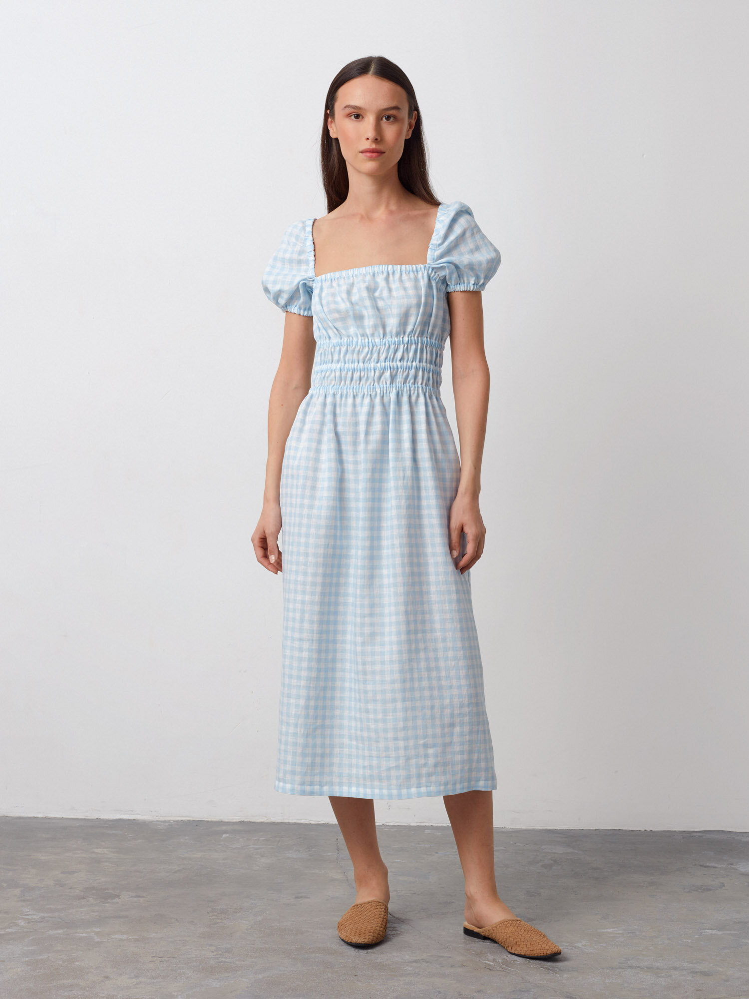 Image 4 of HOLIDAY Puff Sleeve Linen Midi Dress in Light Blue Gingham from Love and Confuse