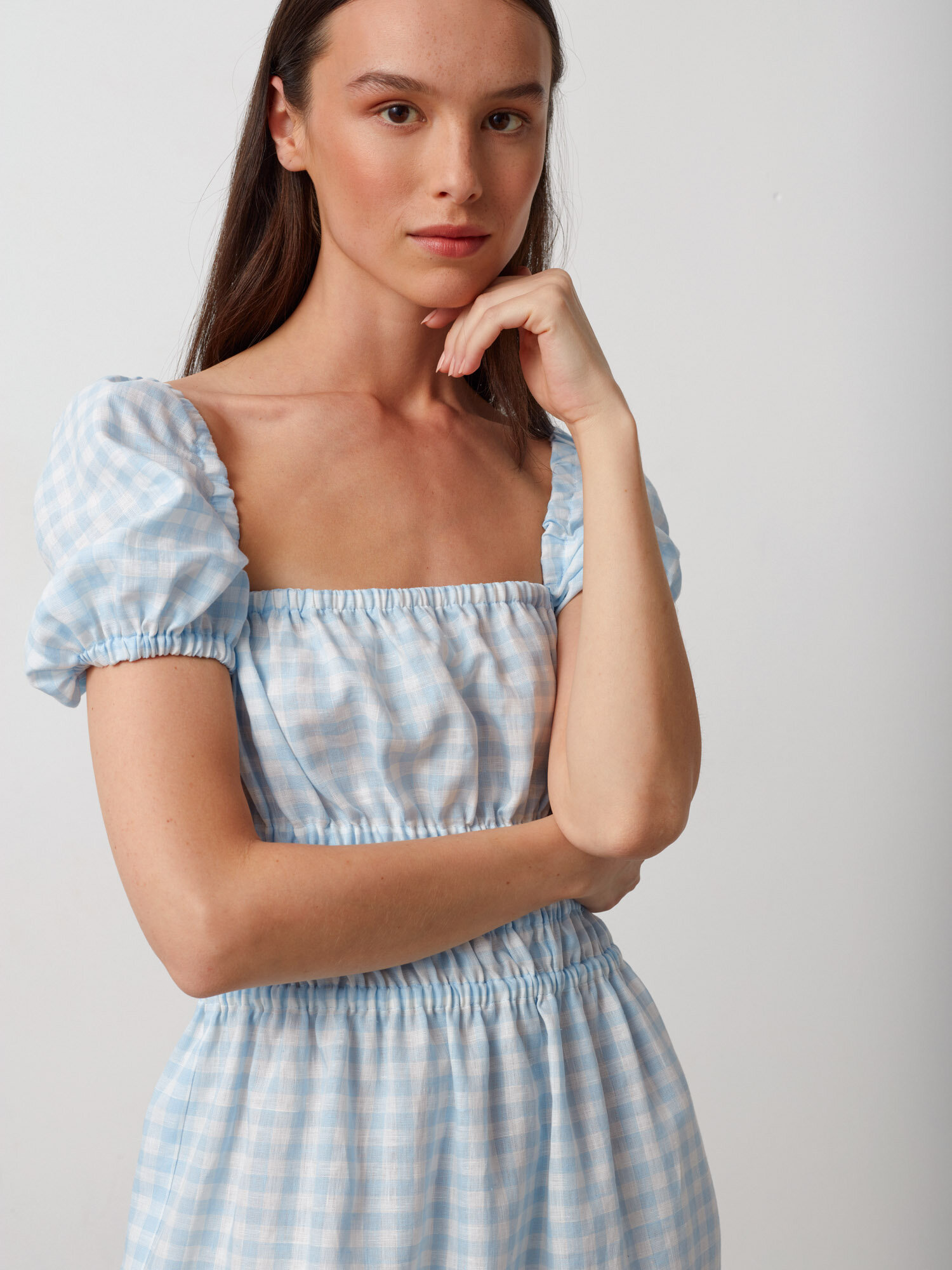 Image 5 of HOLIDAY Puff Sleeve Linen Midi Dress in Light Blue Gingham from Love and Confuse