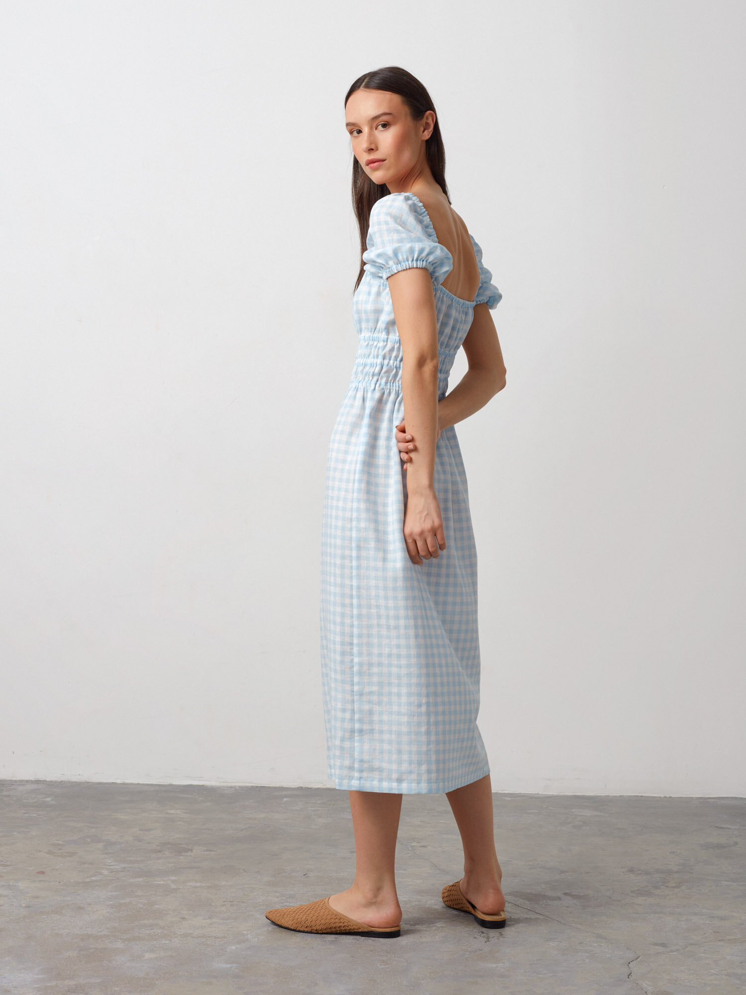 Image 6 of HOLIDAY Puff Sleeve Linen Midi Dress in Light Blue Gingham from Love and Confuse