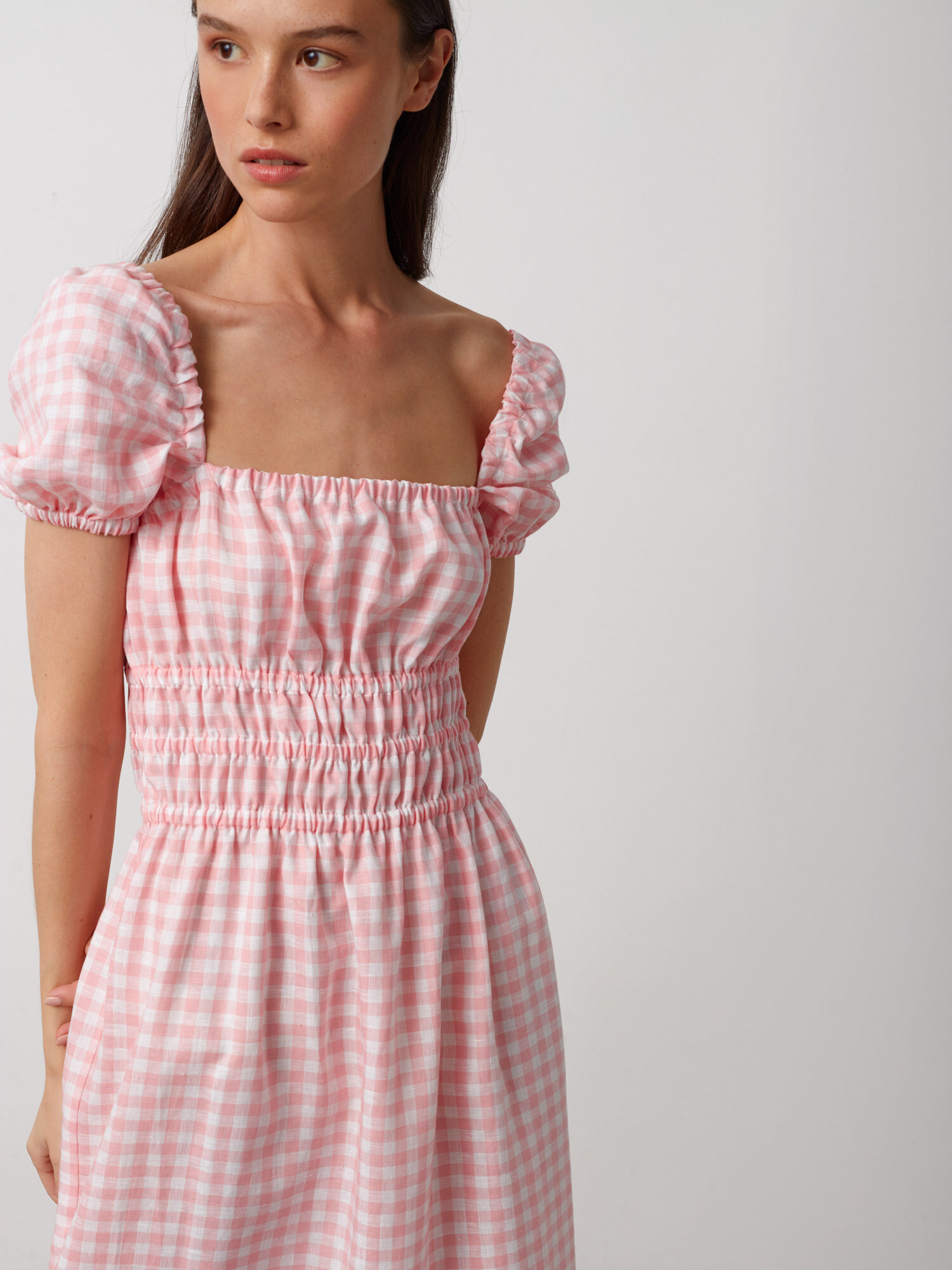 Image 1 of HOLIDAY Puff Sleeve Linen Midi Dress in Pink Gingham from Love and Confuse