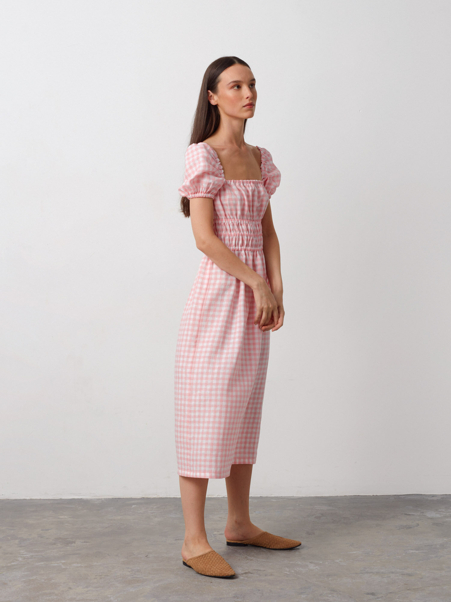 Image 2 of HOLIDAY Puff Sleeve Linen Midi Dress in Pink Gingham from Love and Confuse