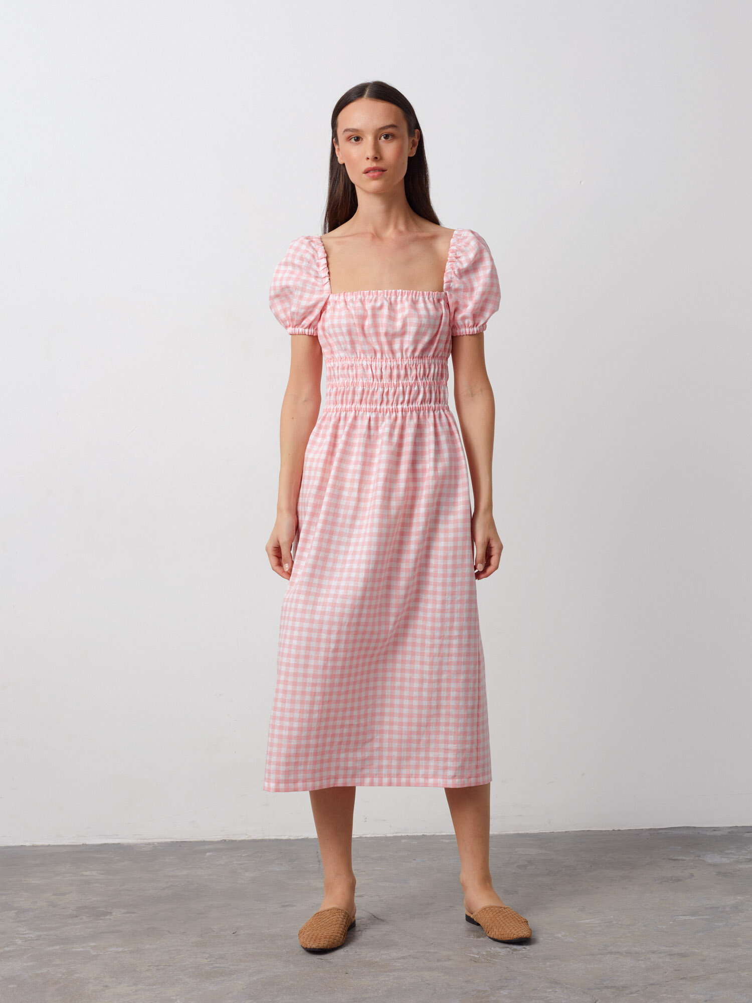 Image 3 of HOLIDAY Puff Sleeve Linen Midi Dress in Pink Gingham from Love and Confuse