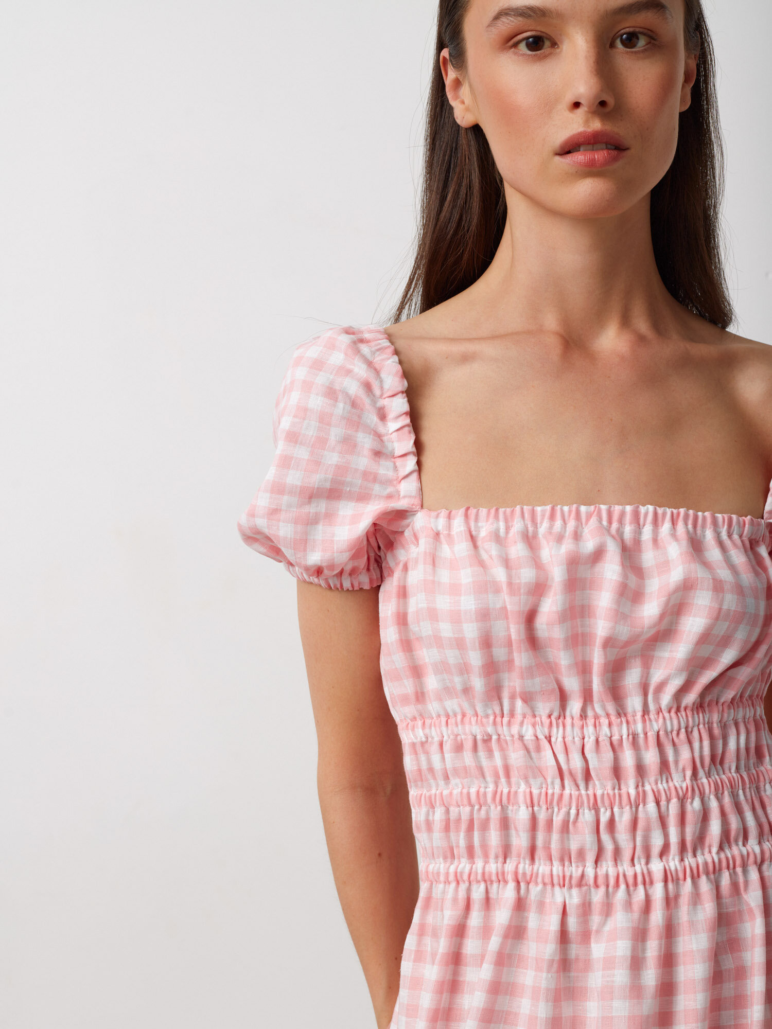 Image 4 of HOLIDAY Puff Sleeve Linen Midi Dress in Pink Gingham from Love and Confuse