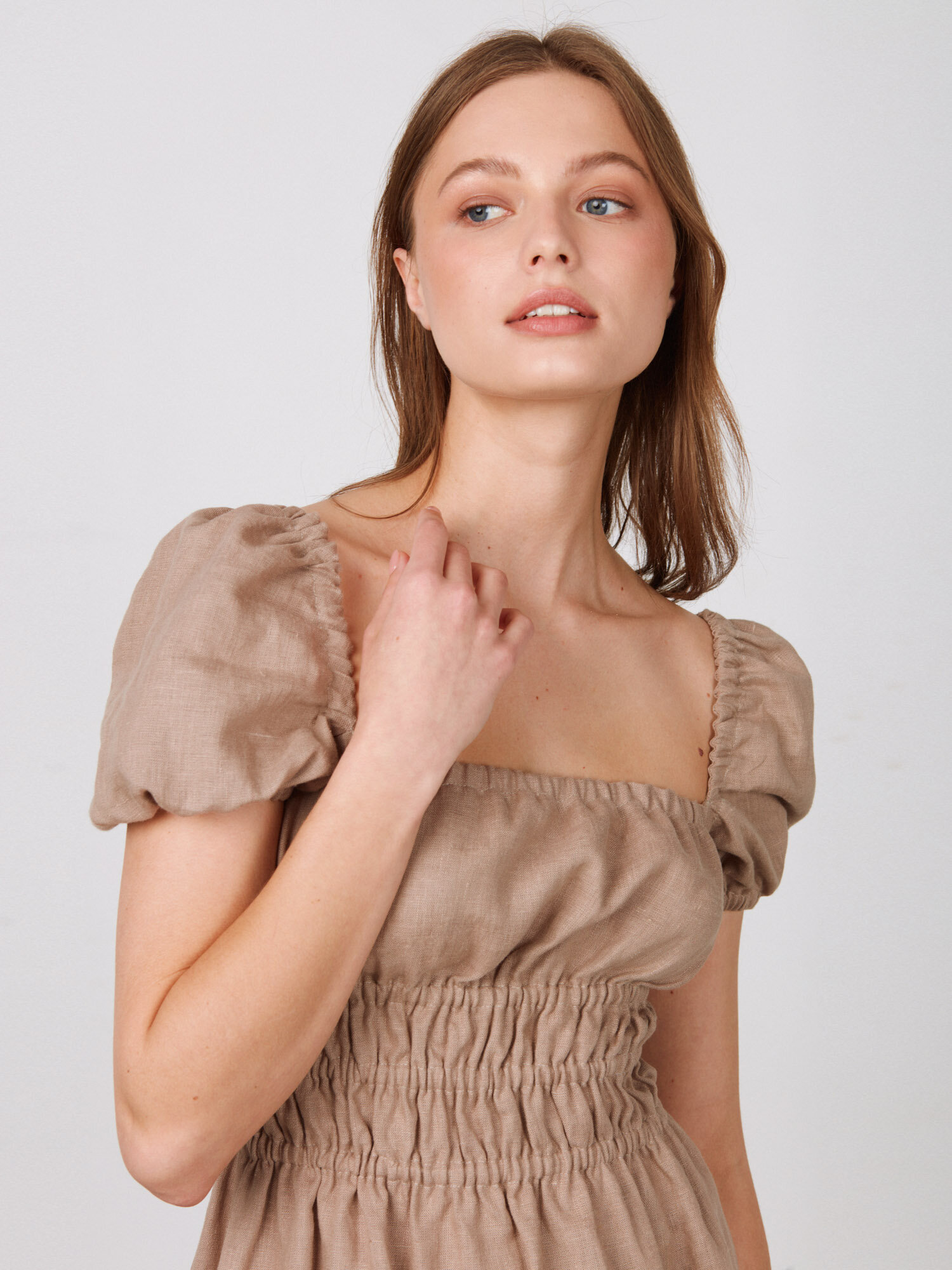 Image 1 of HOLIDAY Puff Sleeve Linen Dress in Sand Brown from Love and Confuse