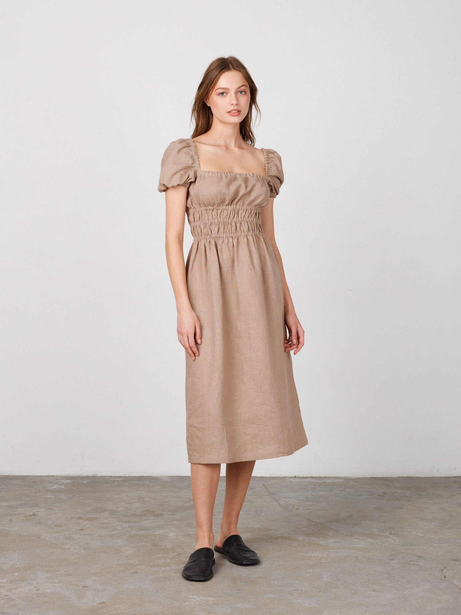 Image 2 of HOLIDAY Puff Sleeve Linen Dress in Sand Brown from Love and Confuse