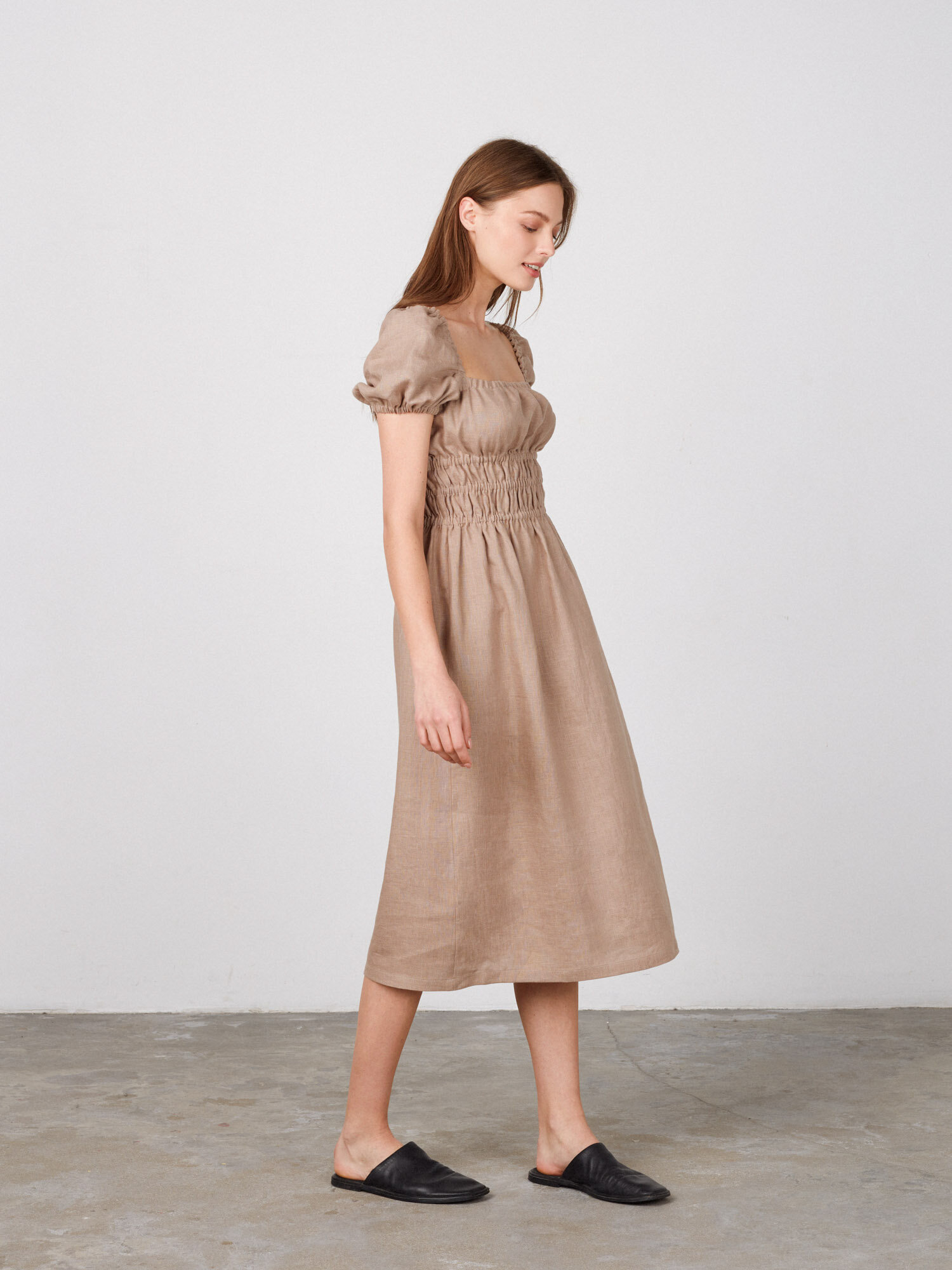 Image 3 of HOLIDAY Puff Sleeve Linen Dress in Sand Brown from Love and Confuse
