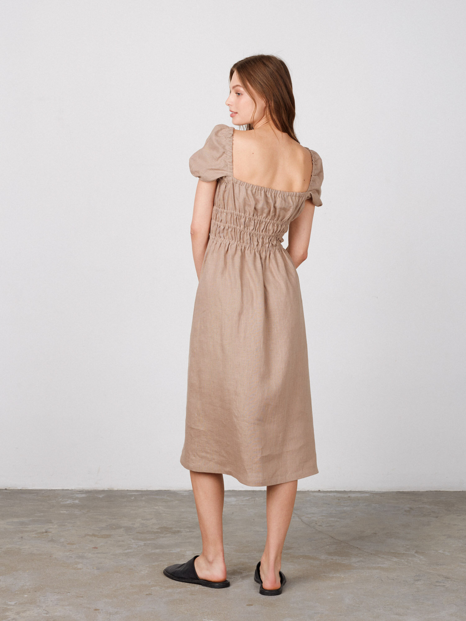 Image 4 of HOLIDAY Puff Sleeve Linen Dress in Sand Brown from Love and Confuse