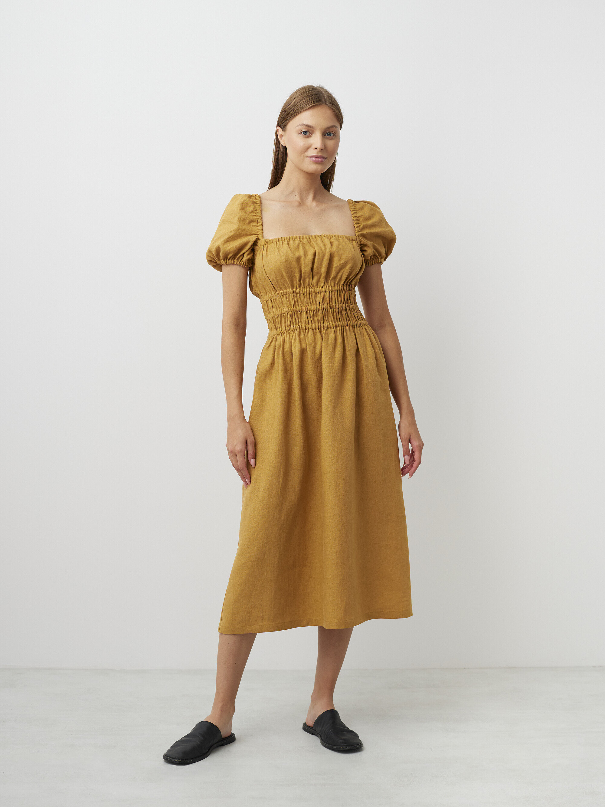 Image 2 of HOLIDAY Square Neck Linen Midi Dress in Yellow Honey from Love and Confuse