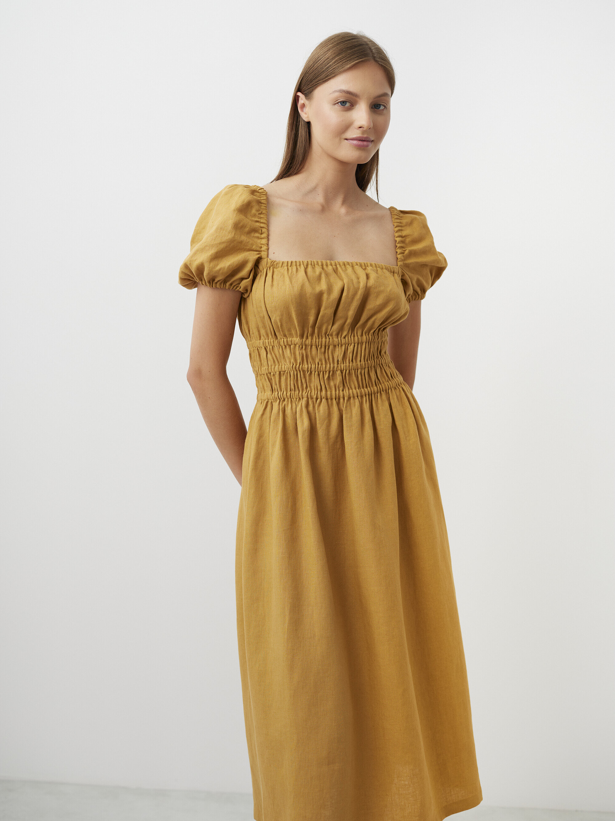 Image 3 of HOLIDAY Square Neck Linen Midi Dress in Yellow Honey from Love and Confuse