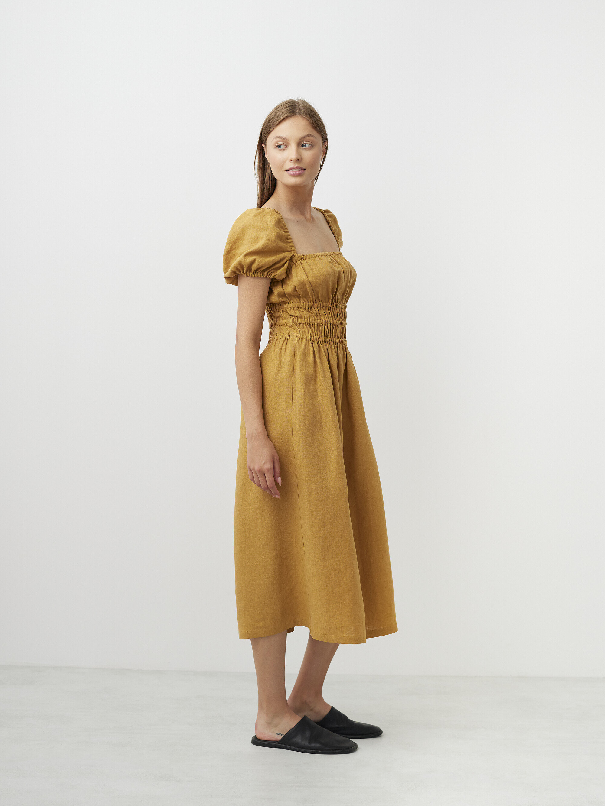 Image 4 of HOLIDAY Square Neck Linen Midi Dress in Yellow Honey from Love and Confuse