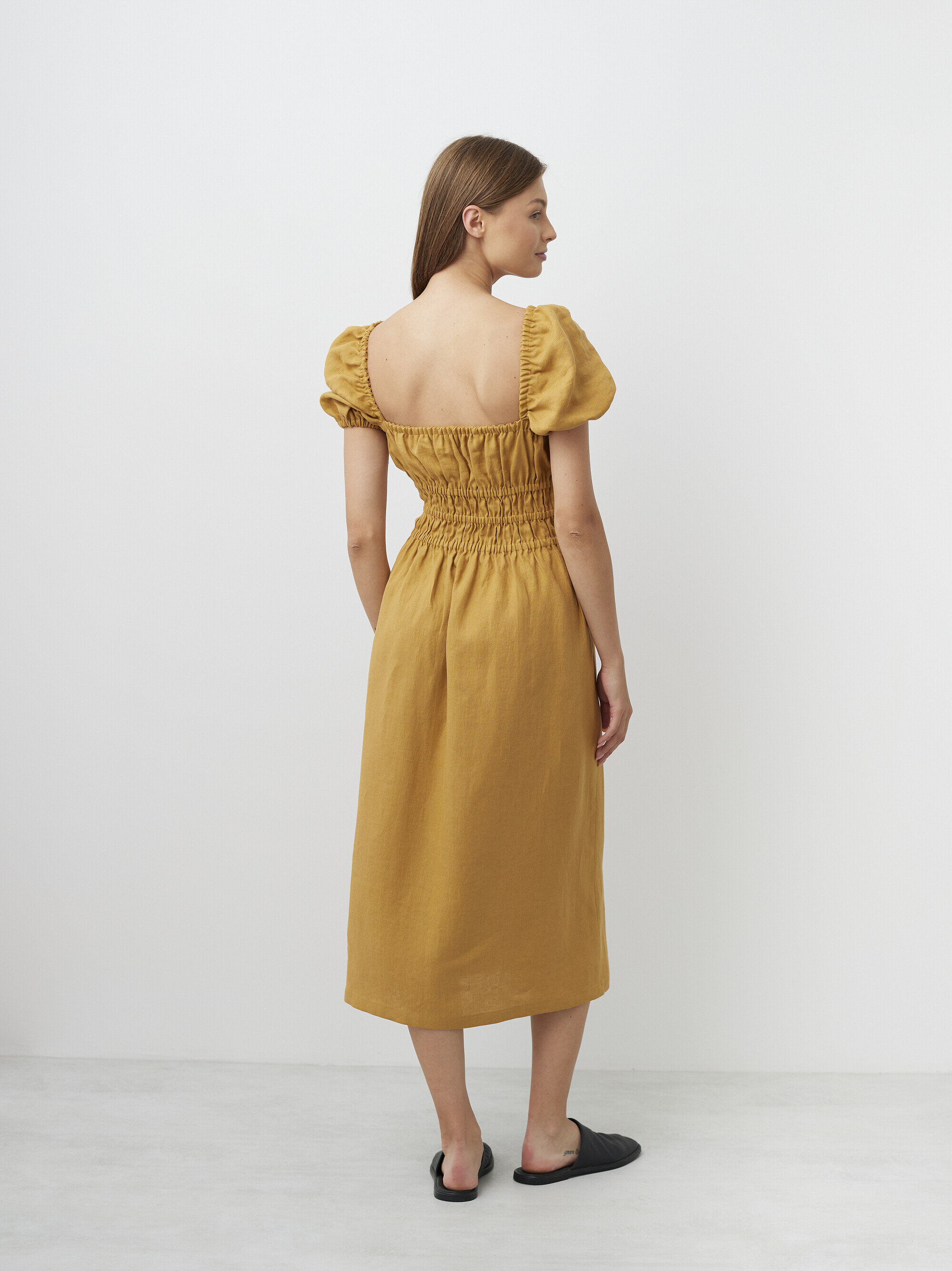 Image 5 of HOLIDAY Square Neck Linen Midi Dress in Yellow Honey from Love and Confuse