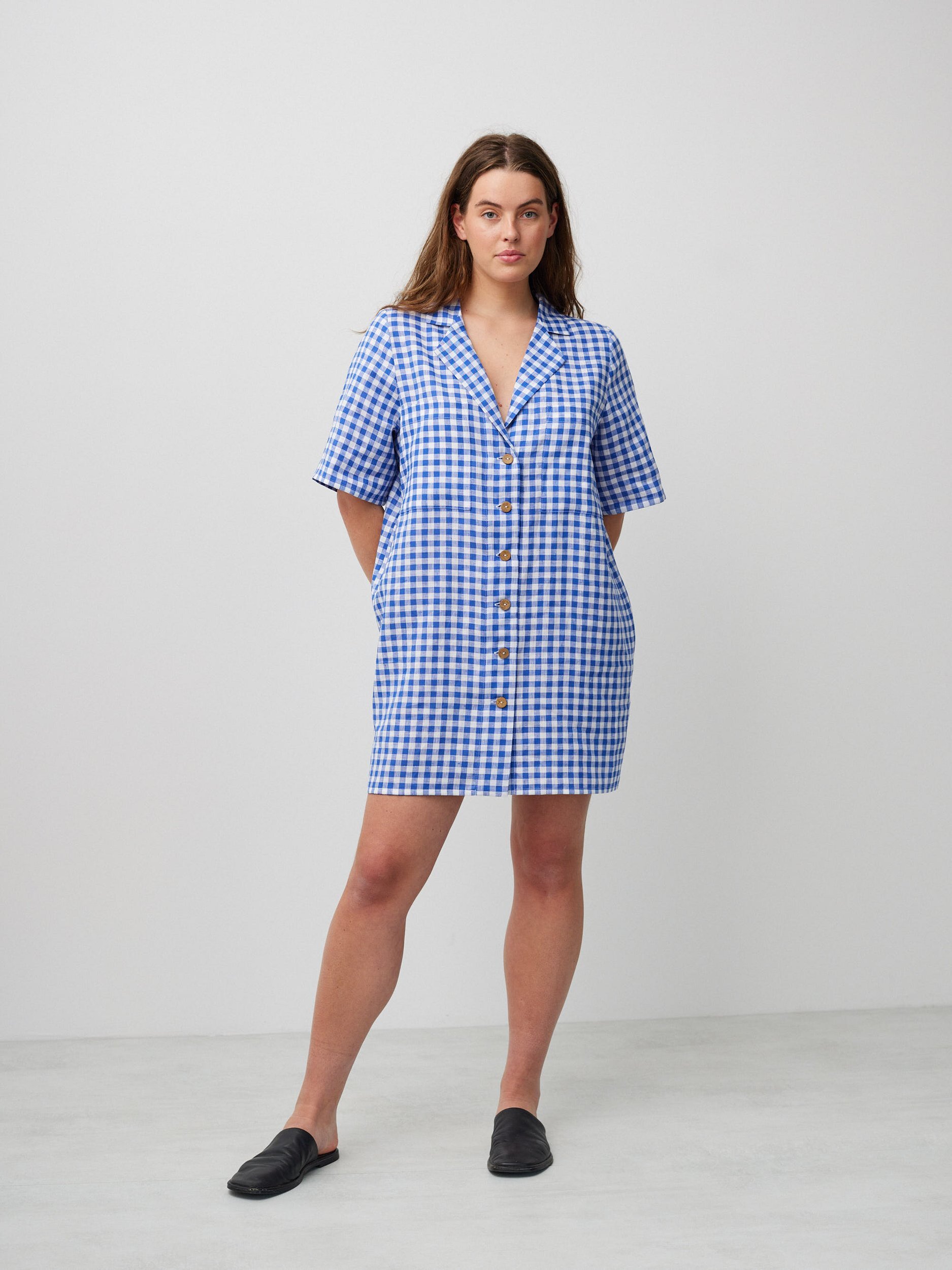 Image 2 of IDA Bowling Shirt Linen Mini Dress in Gingham Blue from Love and Confuse