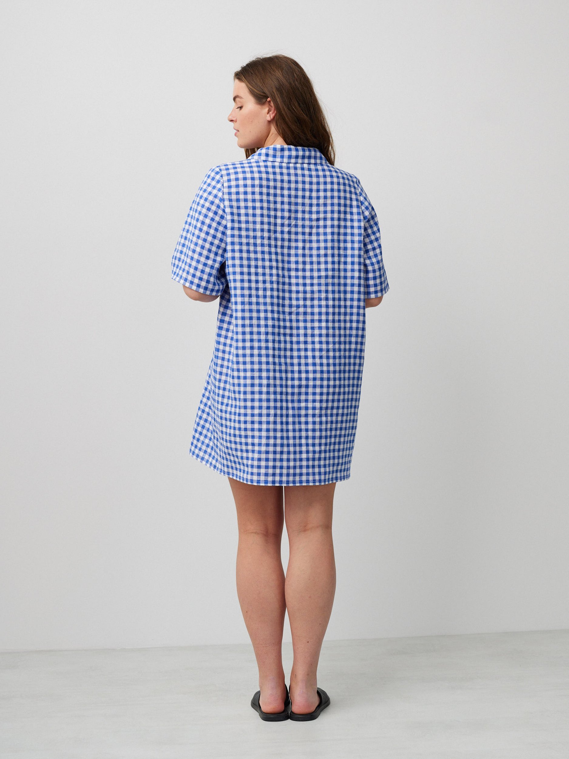 Image 4 of IDA Bowling Shirt Linen Mini Dress in Gingham Blue from Love and Confuse
