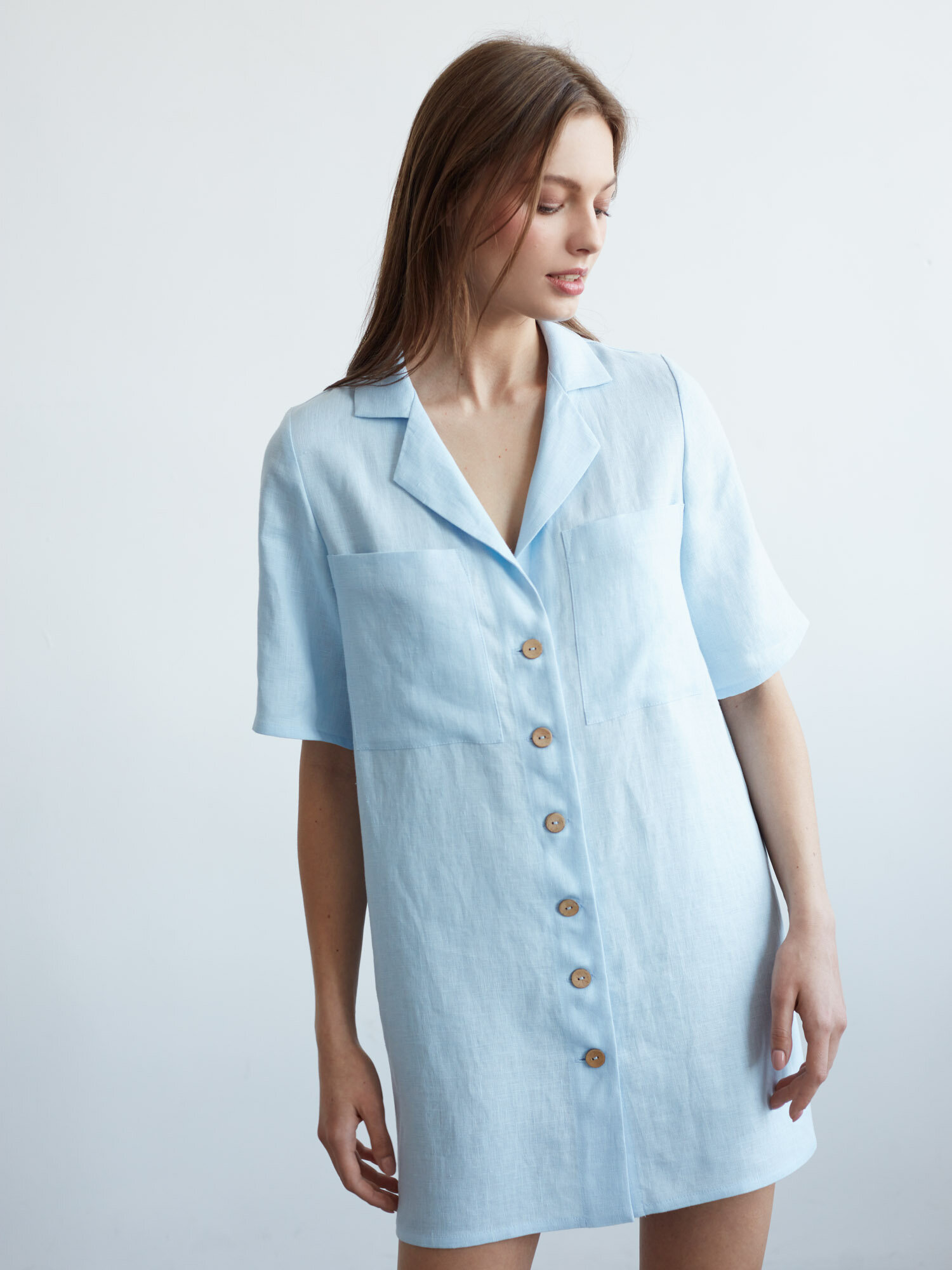 Image 1 of IDA Short Sleeve Linen Shirt Dress in Baby Blue from Love and Confuse