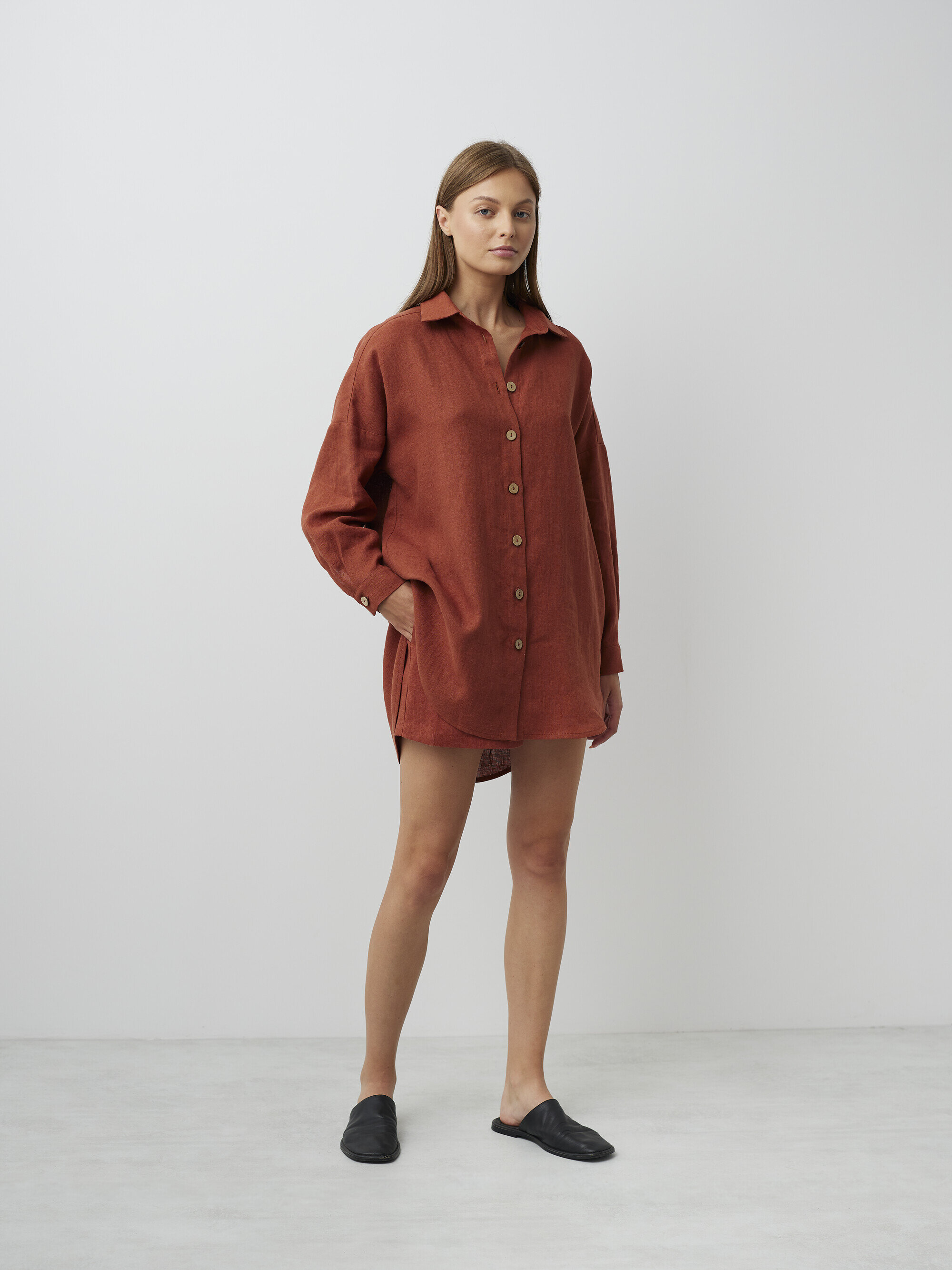 Image 2 of ISLA High Waisted Linen Shorts in Rust from Love and Confuse