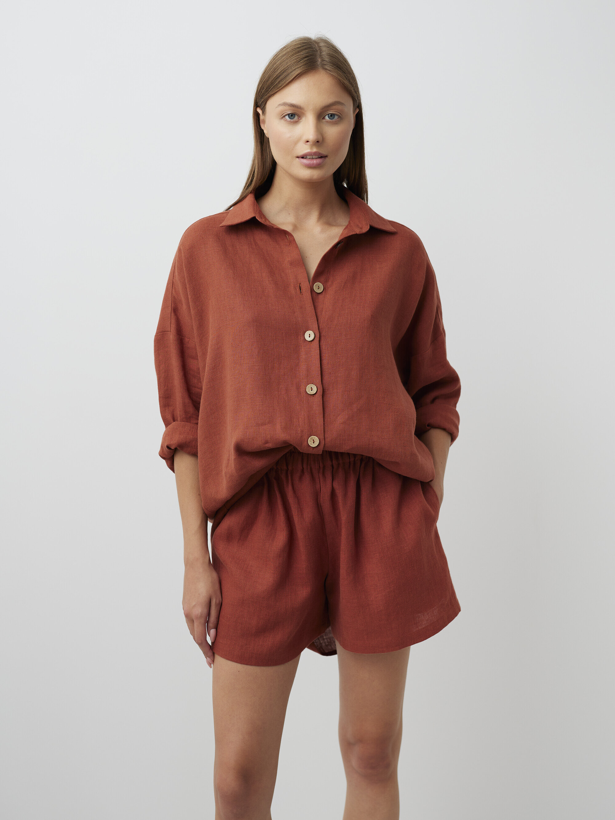 Image 4 of ISLA High Waisted Linen Shorts in Rust from Love and Confuse