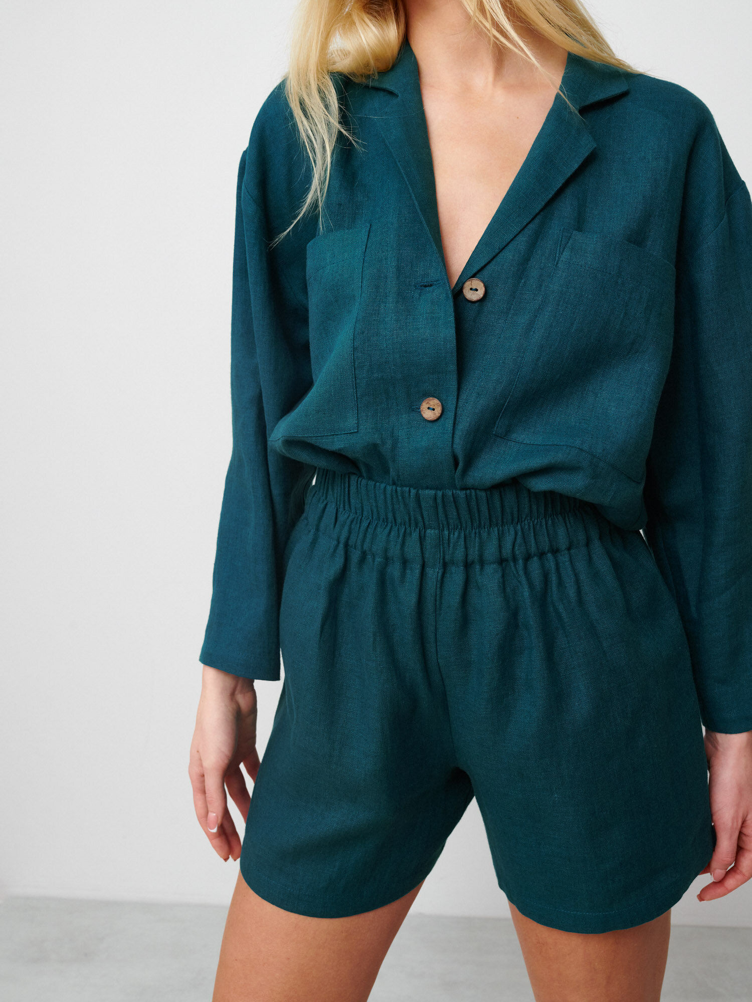 Image 2 of ISLA High Waisted Linen Shorts in Emerald Blue from Love and Confuse