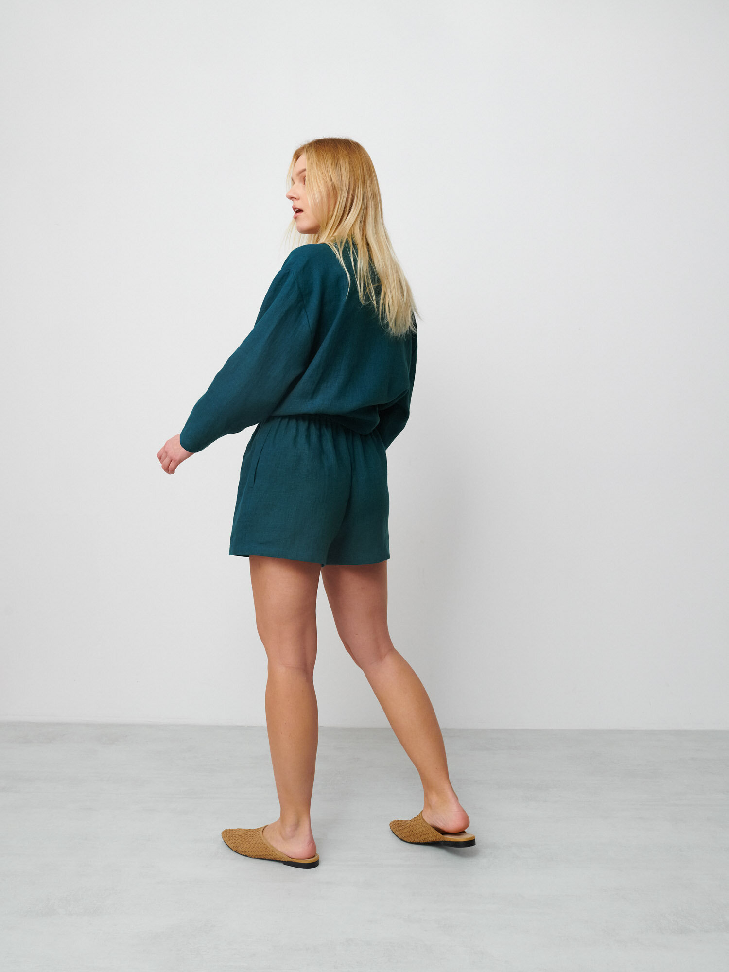 Image 5 of ISLA High Waisted Linen Shorts in Emerald Blue from Love and Confuse