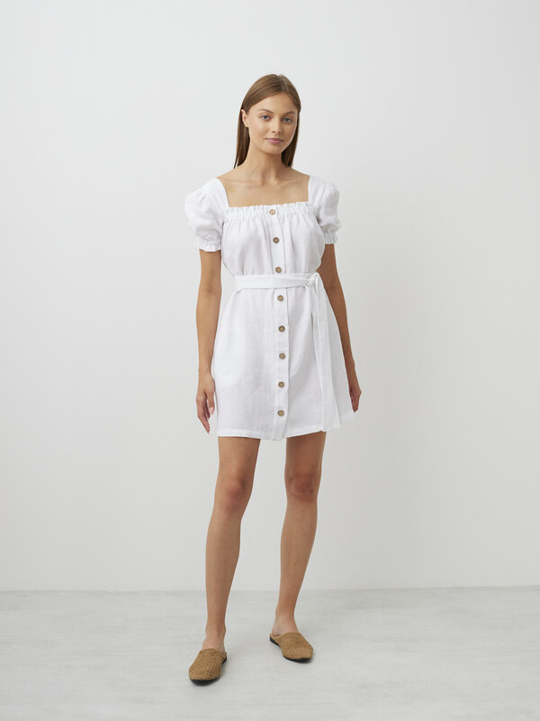JULY Button-Front Shirred Linen Dress