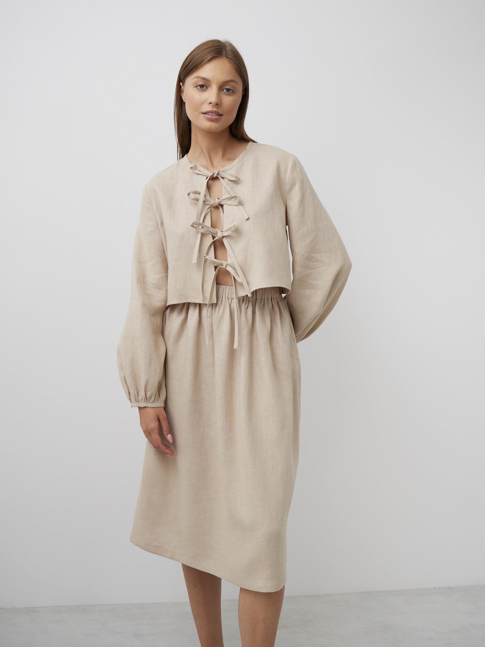 Image 3 of KOA Tie Front Cropped Linen Top in Beige from Love and Confuse